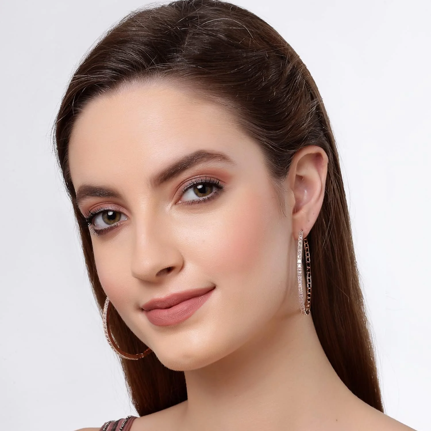 گوشواره حلقه ای زنانه زِمِنِم با نگین های الماس آمریکایی، مدل بالی (بزرگ) (سفید، رزگلد)