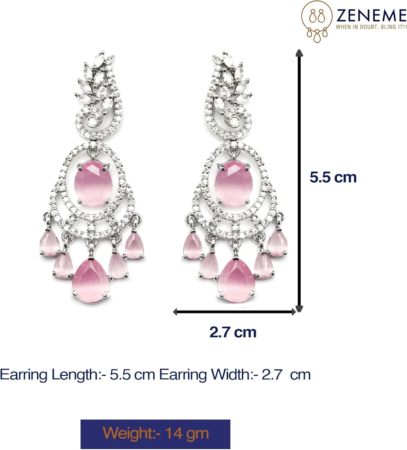 گوشواره های آویز بیضی و برگ شکل نگین دار با روکش رودیوم و الماس آمریکایی زنانه و دخترانه (صورتی)