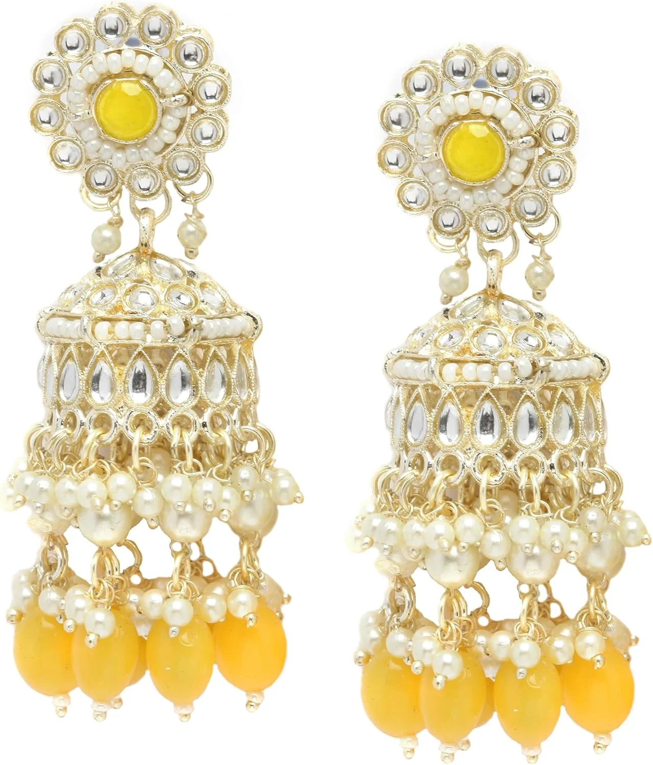 گوشواره های زنانه زنانه زنانه ZENEME با روکش طلا، کندان و مروارید، مدل Jhumka Vilandi به شکل گنبدی