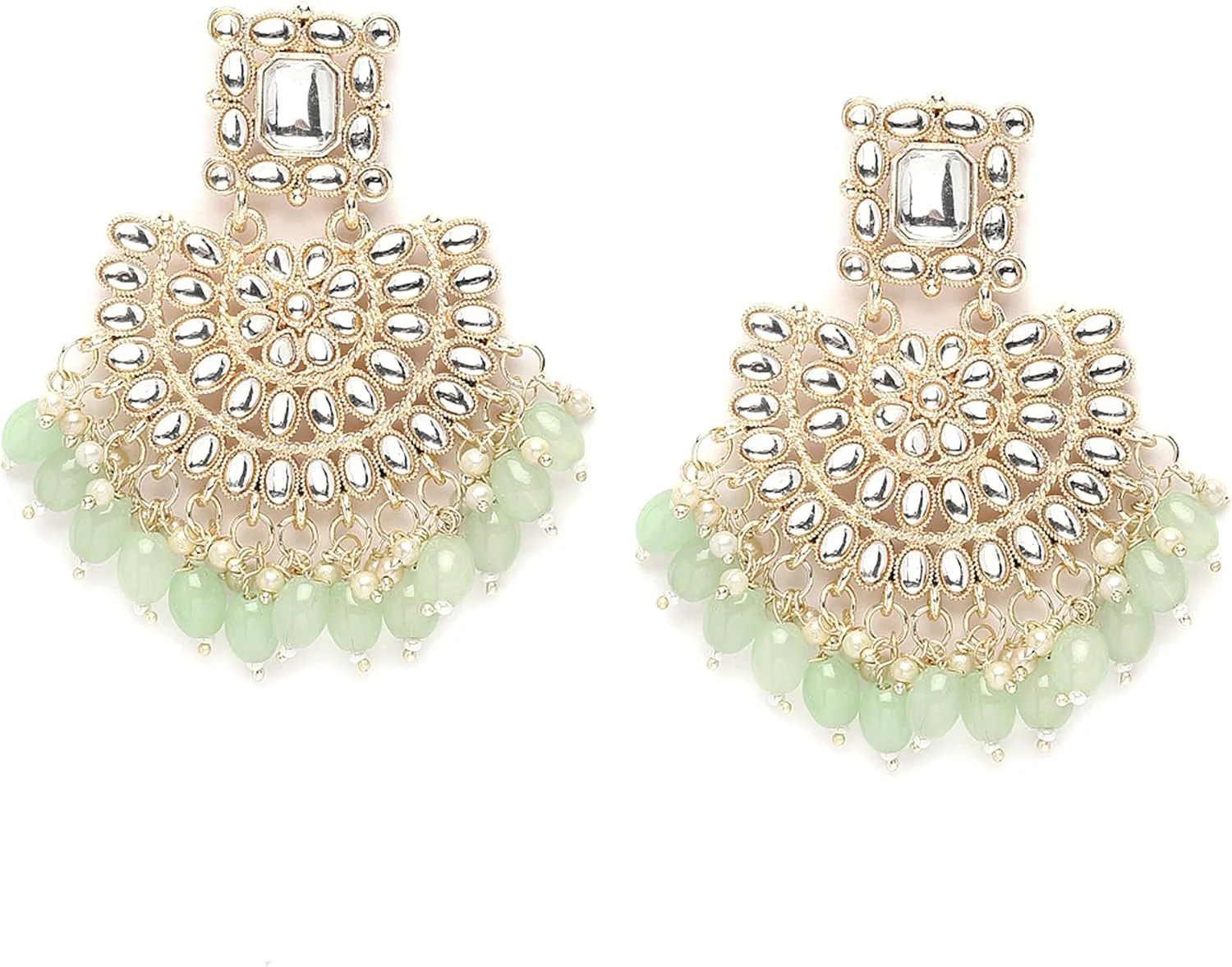 گوشواره های آویز زنانه زنم مدل هلالی با نگین های Kundan روکش طلا، بزرگ، سبز لیمویی و سفید