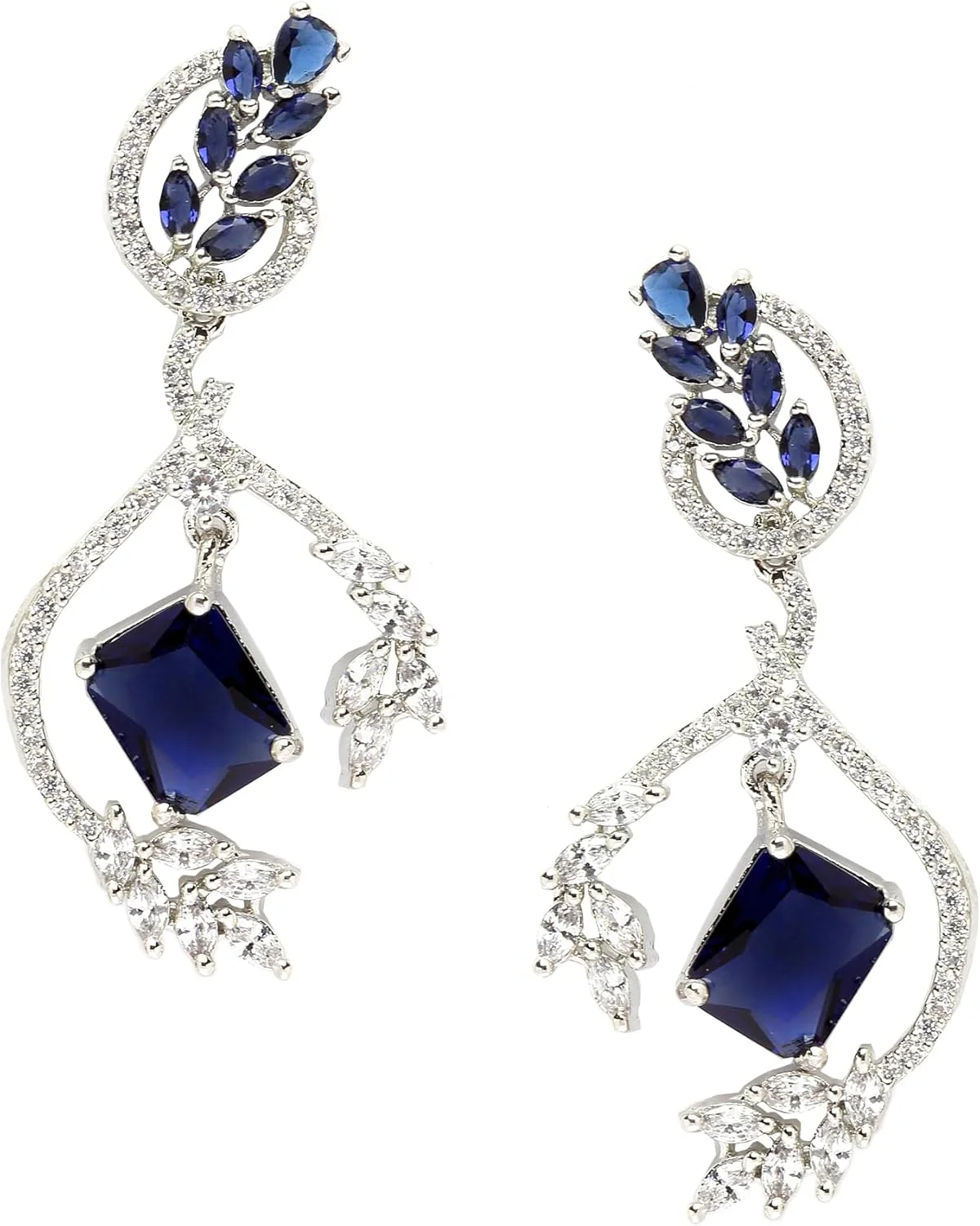 گوشواره های آویزی طرح مربع و برگ نگین دار با روکش رودیوم و نگین های اتمی ZENEME مناسب دختران و زنان (سرمه ای و سفید)