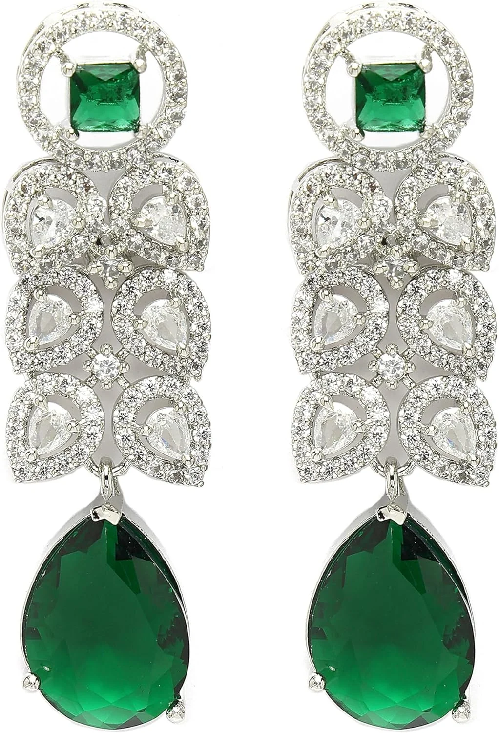 گوشواره زنانه زنم مدل برگ کریستالی آویز نگین دار با روکش رودیوم نقره ای و تزیین شده با الماس آمریکایی، مناسب هدیه برای دختران