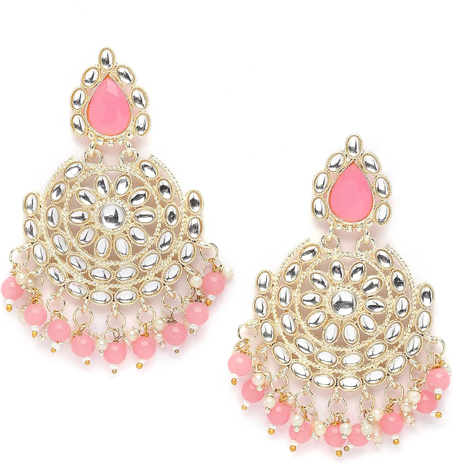 گوشواره های آویز زنانه زنانه مدل ZENEME با روکش طلایی و نگین های Kundan، صورتی و سفید، بزرگ، فلزی، بدون سنگ قیمتی