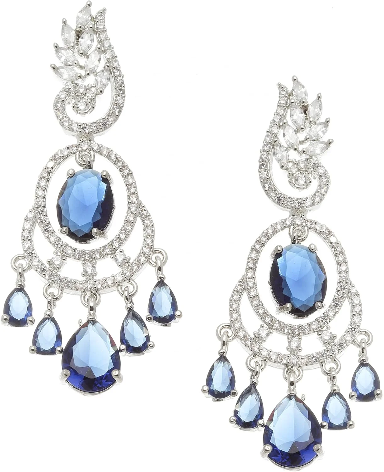 گوشواره های آویز بیضی و برگ شکل نگین دار روکش رودیوم زنانه و دخترانه (آبی سرمه ای)