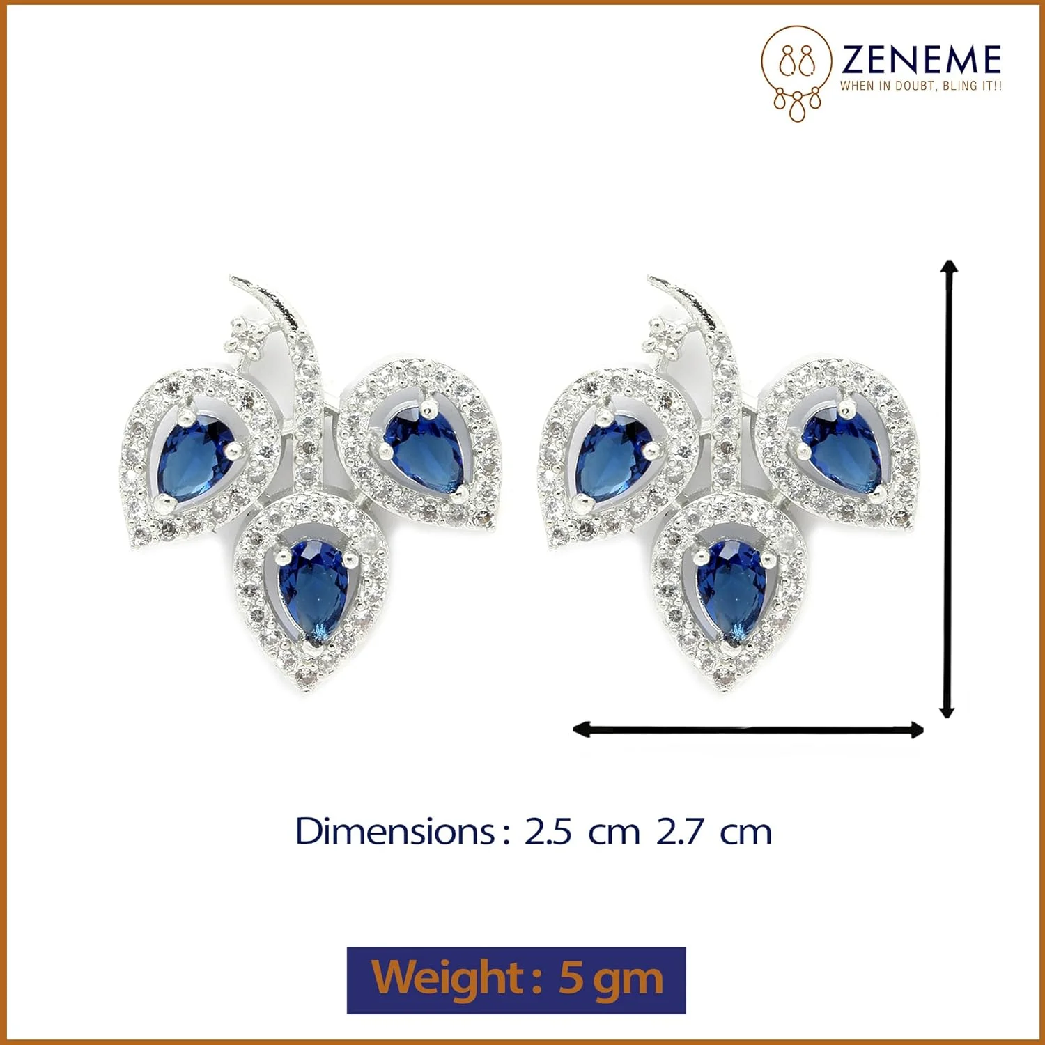 گوشواره میخی زنانه و دخترانه طرح برگ زنمه با روکش رودیوم و نگین الماس آمریکایی (آبی)، فری سایز، برنج، الماس آمریکایی