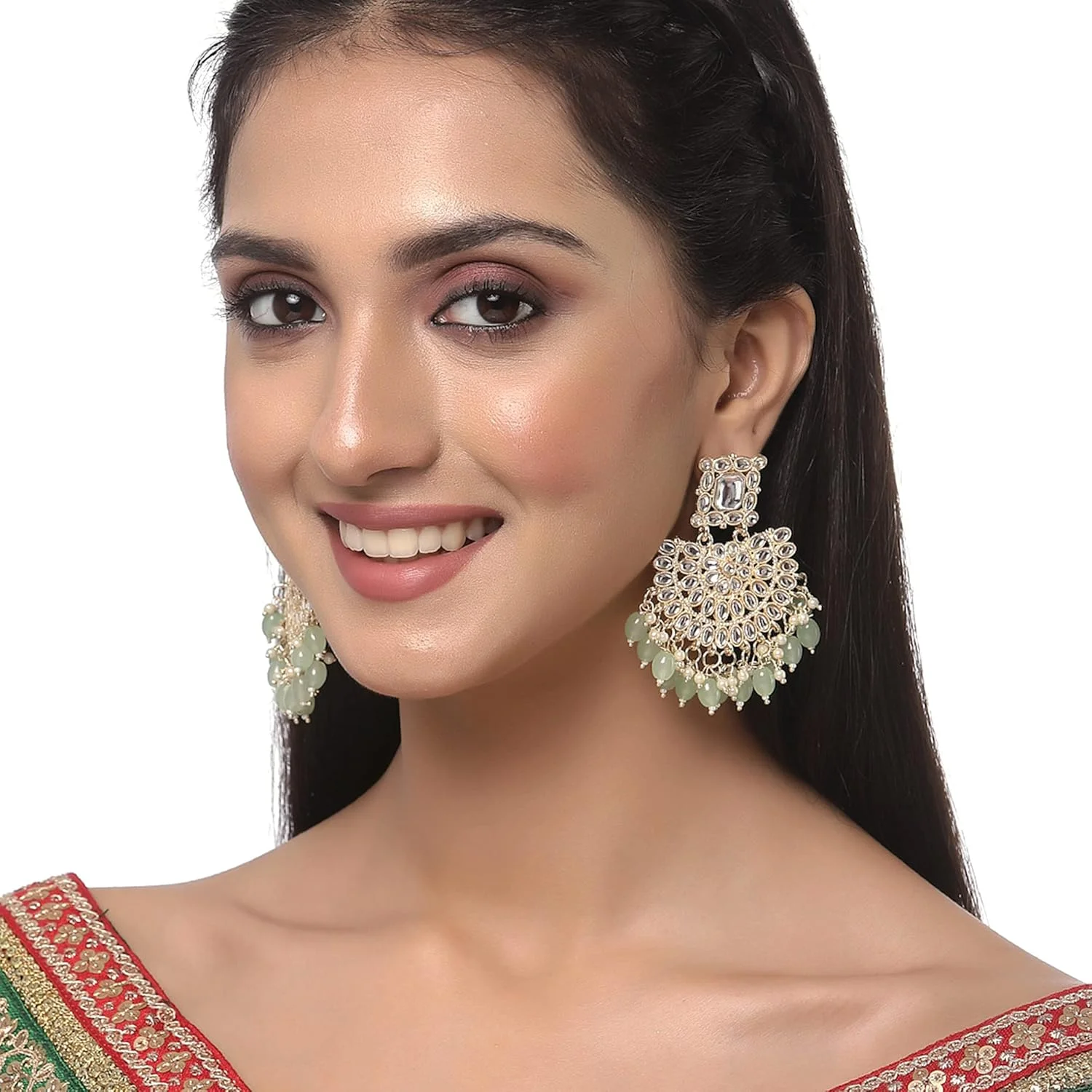 گوشواره های آویز زنانه زنم مدل هلالی با نگین های Kundan روکش طلا، بزرگ، سبز لیمویی و سفید گوشواره های آویز زنانه زنم مدل هلالی با نگین های Kundan روکش طلا، بزرگ، سبز لیمویی و سفید