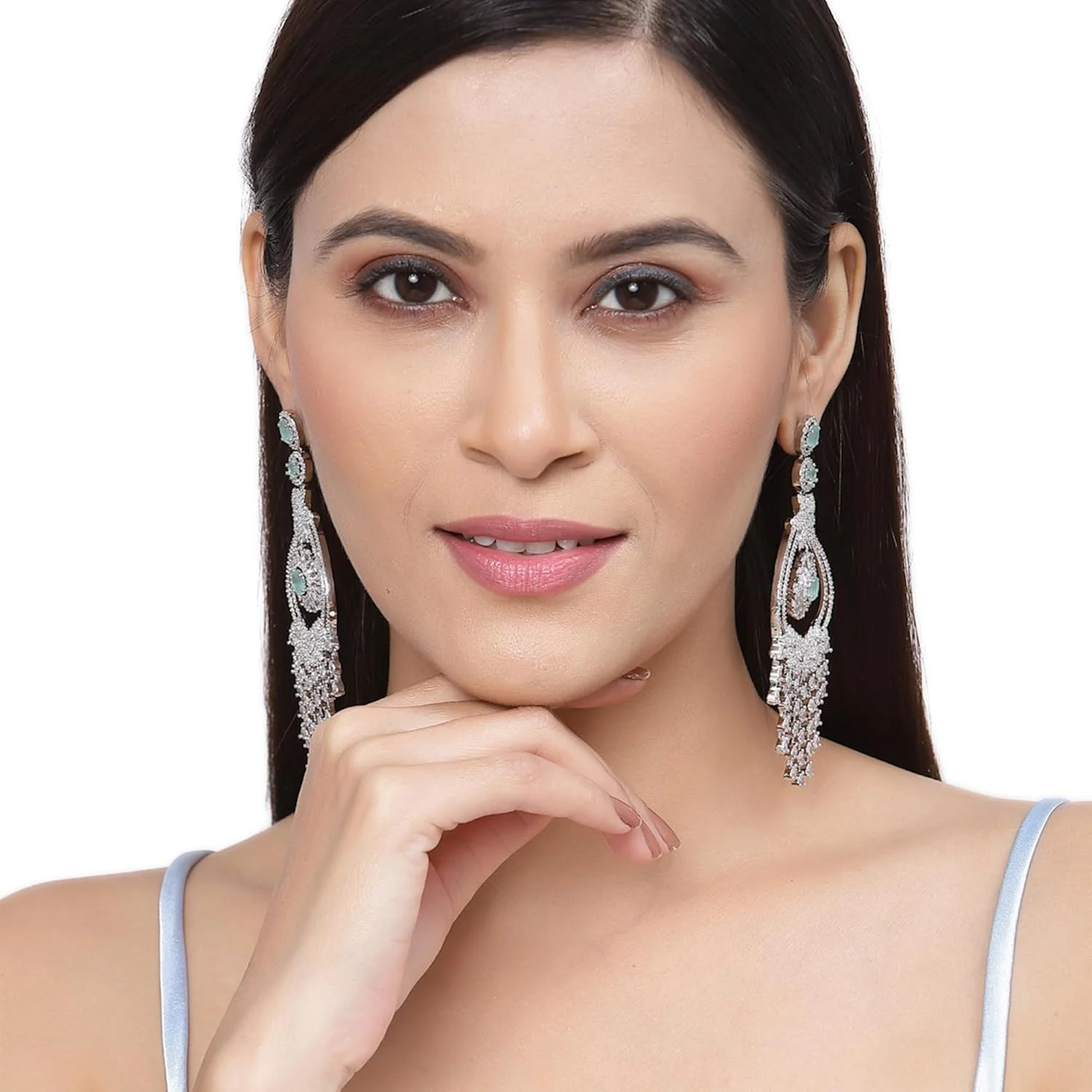 گوشواره های آویز طرح دار نگین دار با روکش رودیوم زنانه و دخترانه زنمه