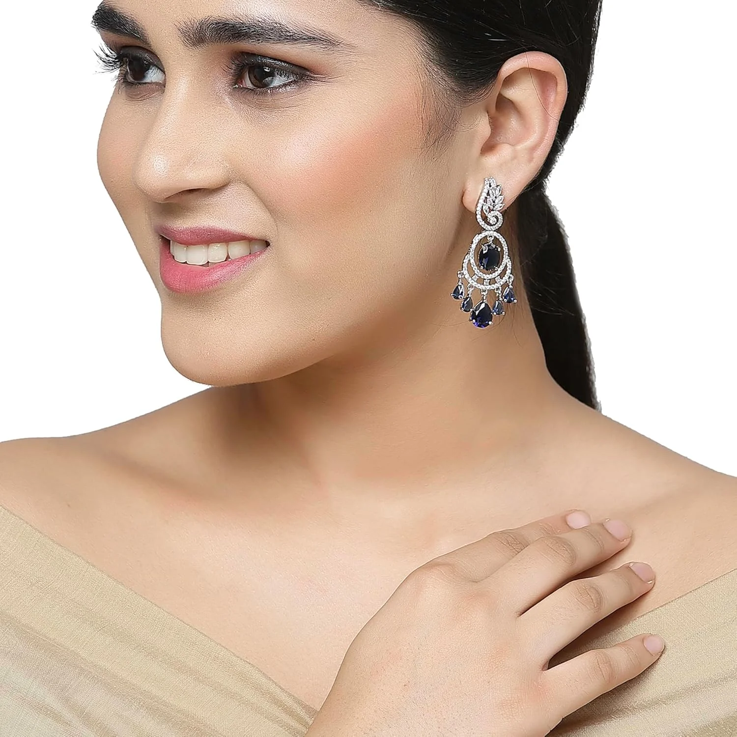 گوشواره های آویز بیضی و برگ شکل نگین دار روکش رودیوم زنانه و دخترانه (آبی سرمه ای)