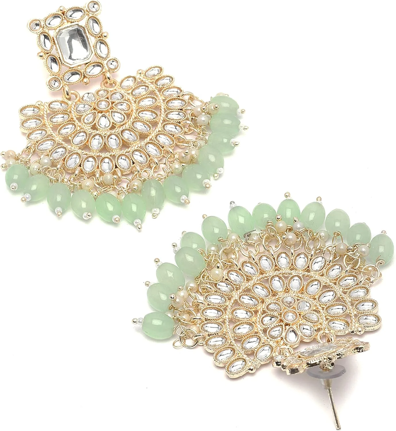 گوشواره های آویز زنانه زنم مدل هلالی با نگین های Kundan روکش طلا، بزرگ، سبز لیمویی و سفید گوشواره های آویز زنانه زنم مدل هلالی با نگین های Kundan روکش طلا، بزرگ، سبز لیمویی و سفید