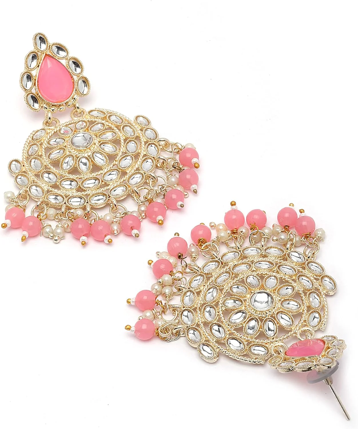 گوشواره های آویز زنانه زنانه مدل ZENEME با روکش طلایی و نگین های Kundan، صورتی و سفید، بزرگ، فلزی، بدون سنگ قیمتی