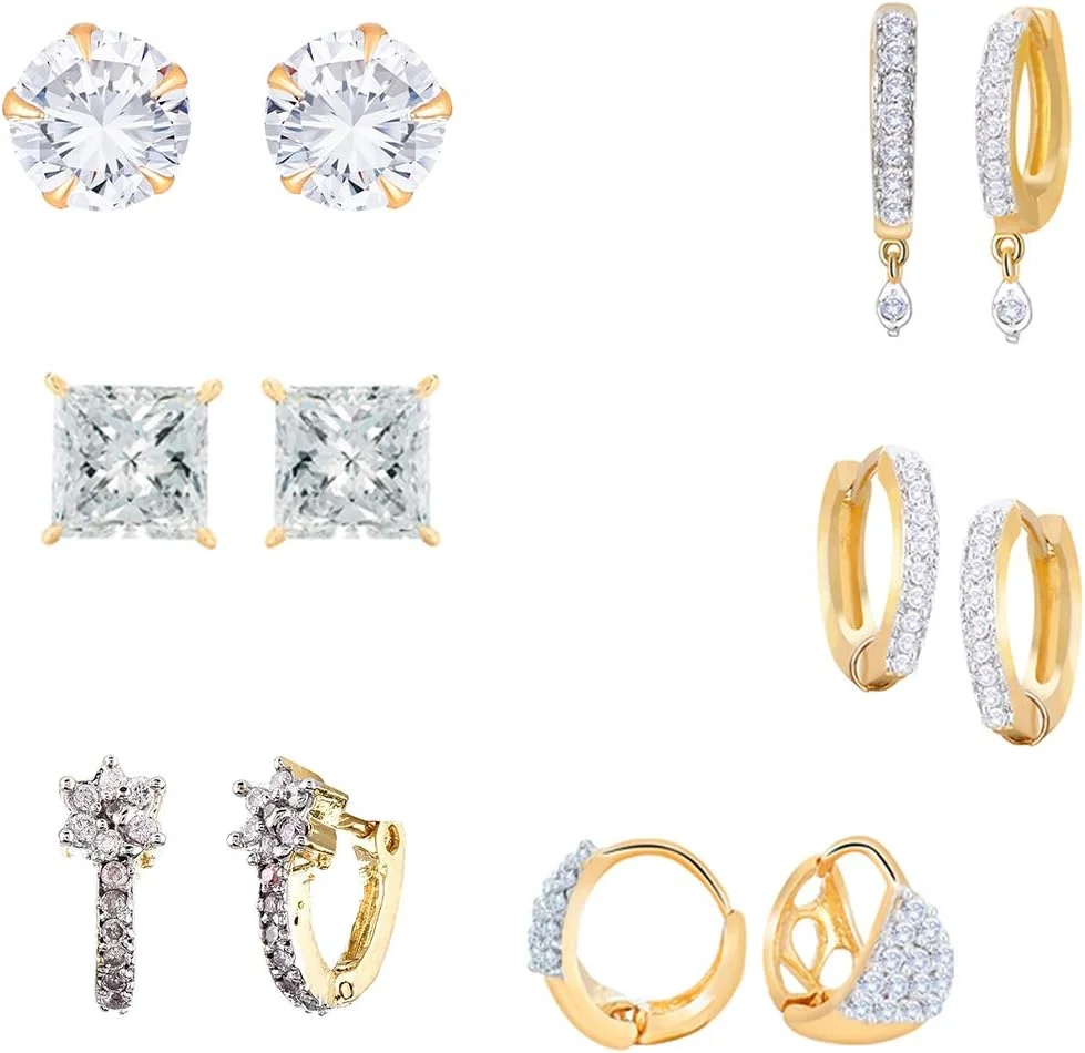 گوشواره زنانه و دخترانه حلقه ای نگین دار طرح الماس آمریکایی آبکاری شده طلایی Zeneme (مجموعه 6 عددی)