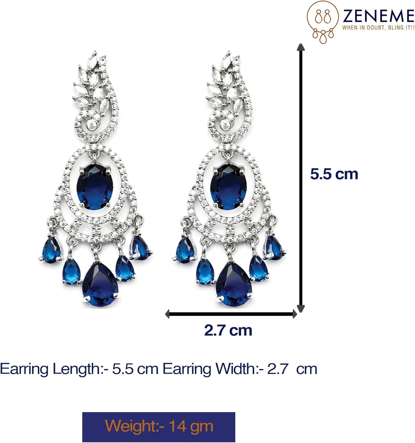 گوشواره های آویز بیضی و برگ شکل نگین دار روکش رودیوم زنانه و دخترانه (آبی سرمه ای)