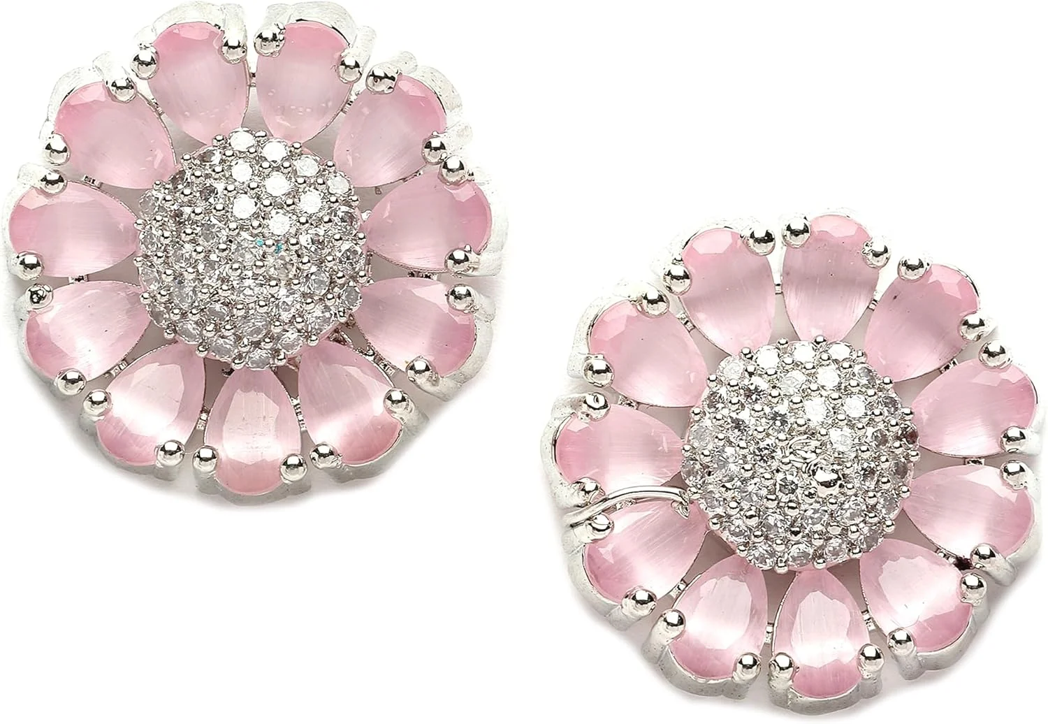 گوشواره های میخی دست ساز زنانه و دخترانه زنانه با روکش رودیوم و طرح گل نگین دار