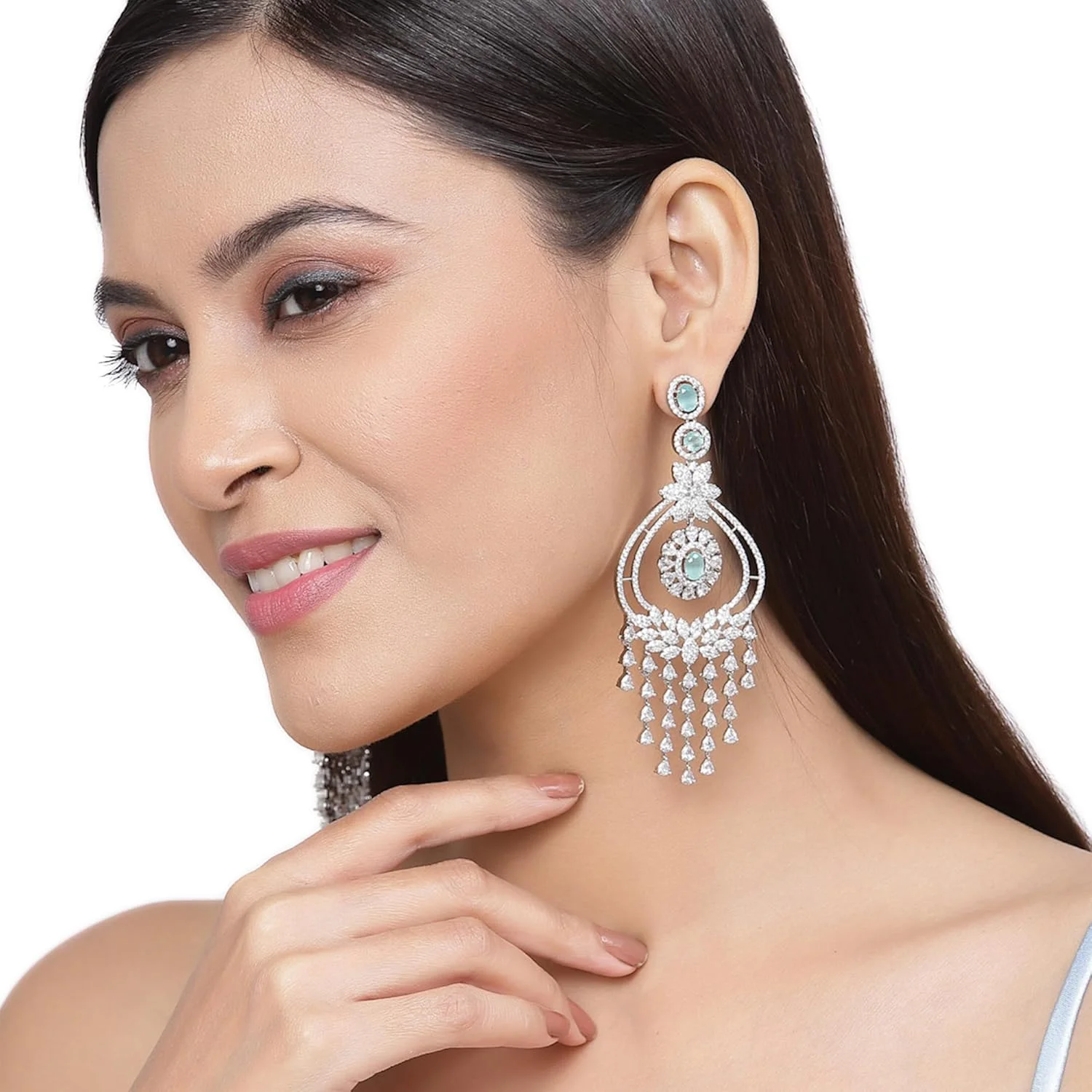 گوشواره های آویز طرح دار نگین دار با روکش رودیوم زنانه و دخترانه زنمه