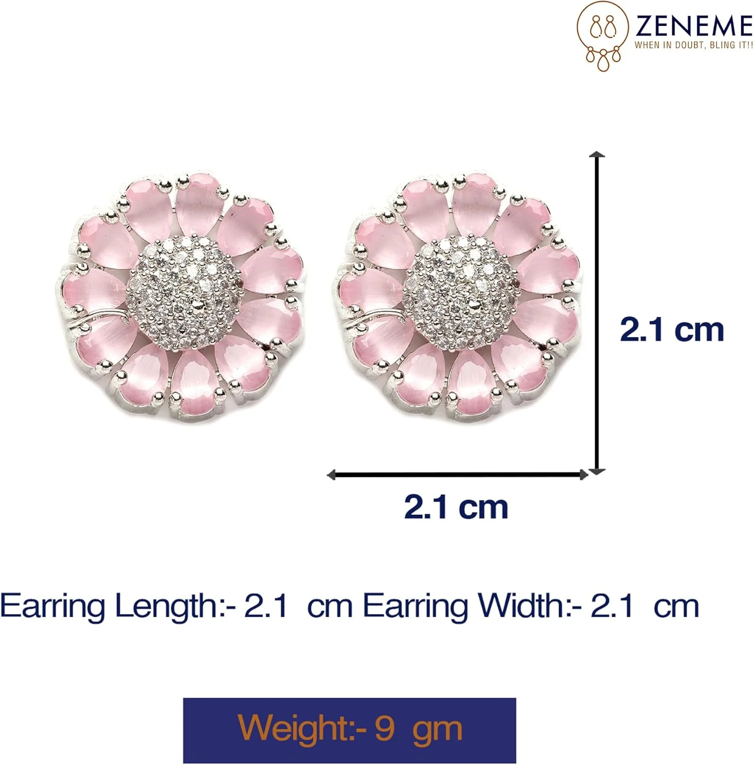 گوشواره های میخی دست ساز زنانه و دخترانه زنانه با روکش رودیوم و طرح گل نگین دار