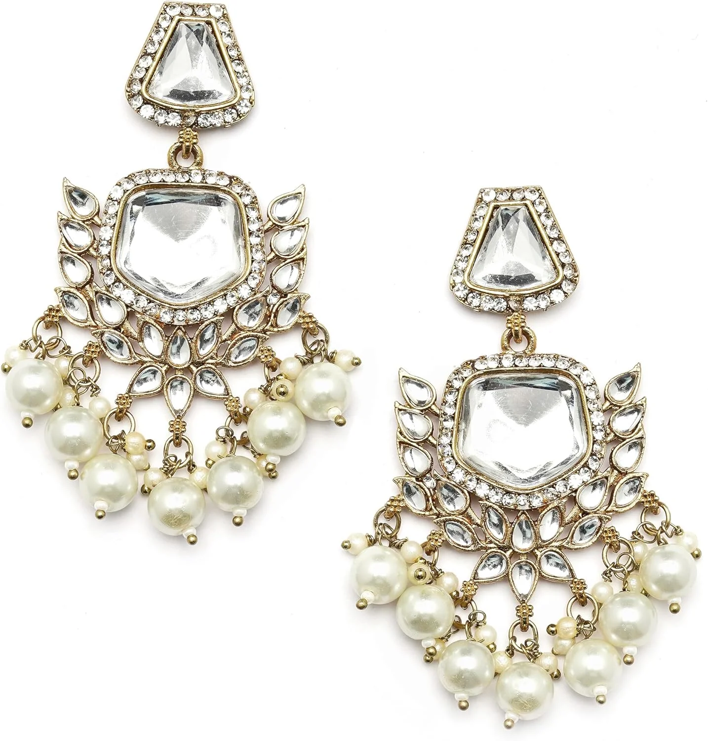 گوشواره های آویز آینه ای کلاسیک نگین دار با روکش طلایی، مزین به نگین های Kundan و مروارید، مناسب دختران و زنان