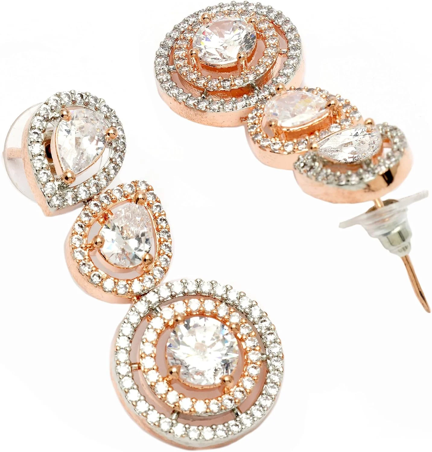 گوشواره آویز زنانه زنانه Zeneme با روکش طلای رزگلد 18 عیار، طرح قطره اشک و نگین های گرد الماس آمریکایی گوشواره آویز زنانه زنانه Zeneme با روکش طلای رزگلد 18 عیار، طرح قطره اشک و نگین های گرد الماس آمریکایی