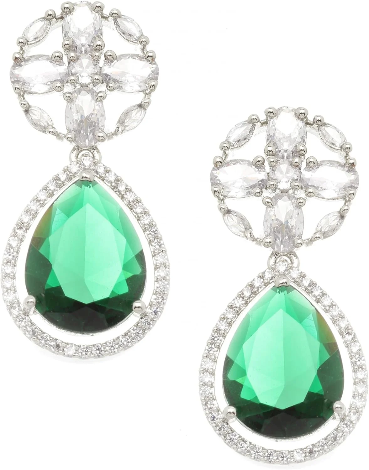 گوشواره های آویز اشکی و طرح گل نگین دار روکش رودیوم زنانه و دخترانه (سبز و سفید)