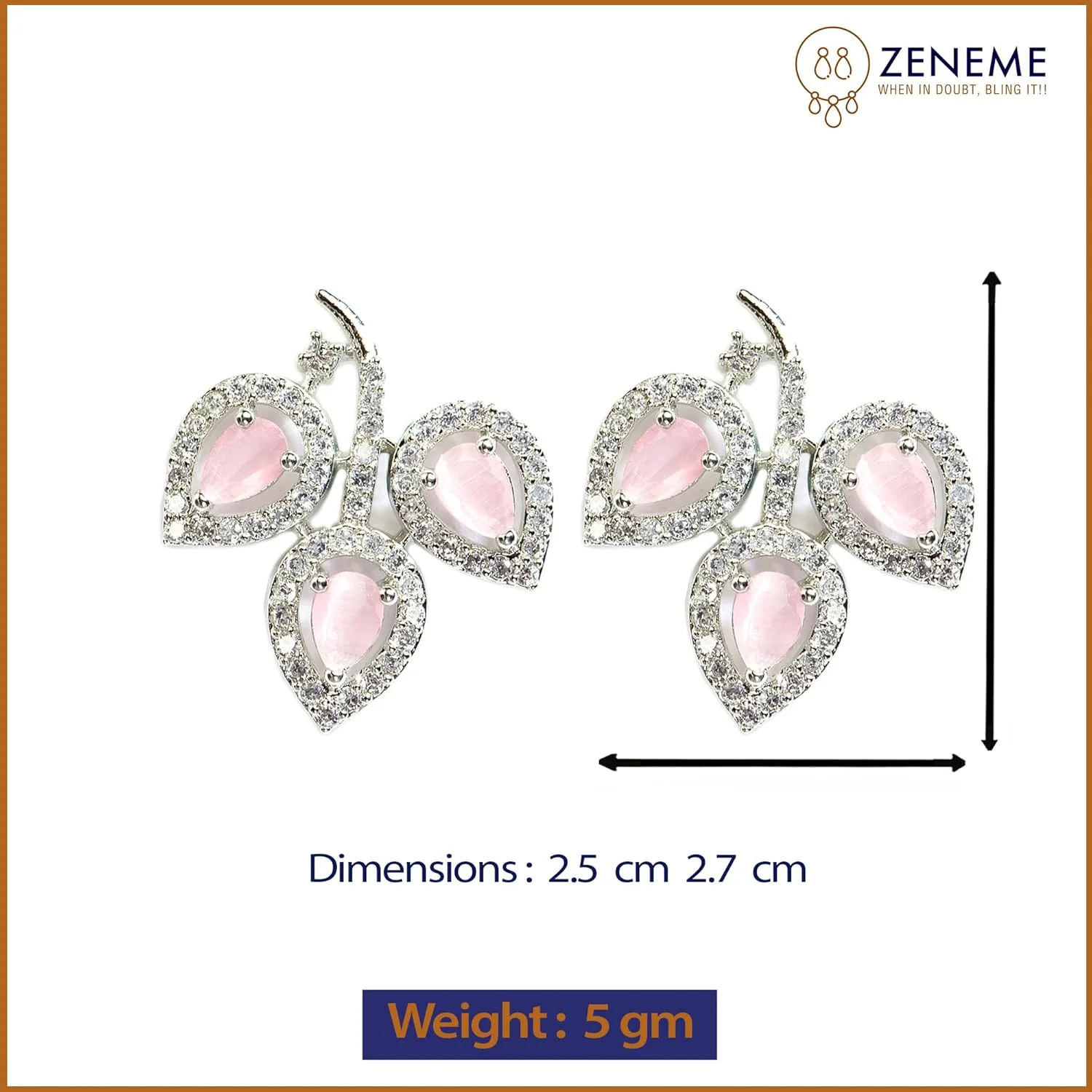 گوشواره میخی زنانه و دخترانه طرح برگ زنمه با روکش رودیوم و نگین الماس آمریکایی (صورتی)، سایز آزاد، برنج، الماس آمریکایی