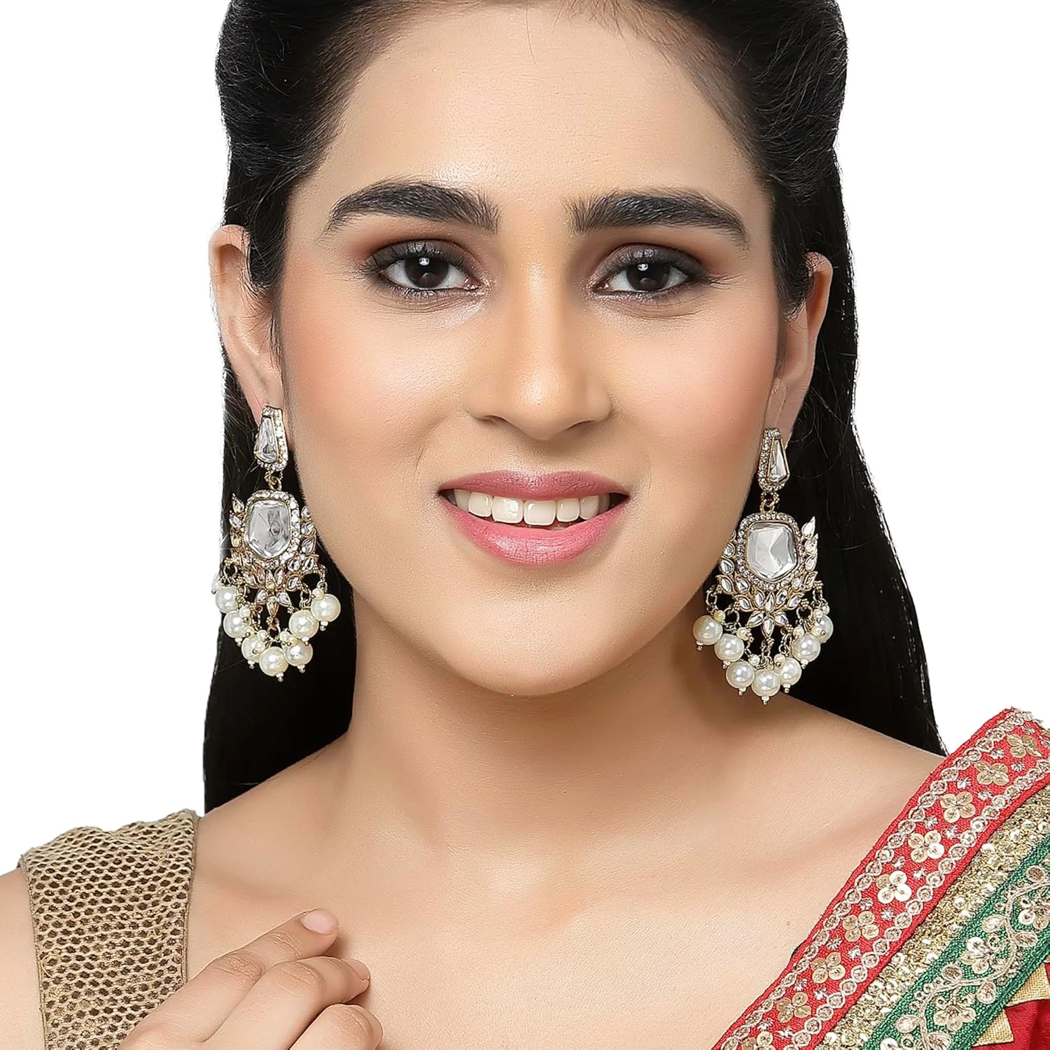 گوشواره های آویز آینه ای کلاسیک نگین دار با روکش طلایی، مزین به نگین های Kundan و مروارید، مناسب دختران و زنان