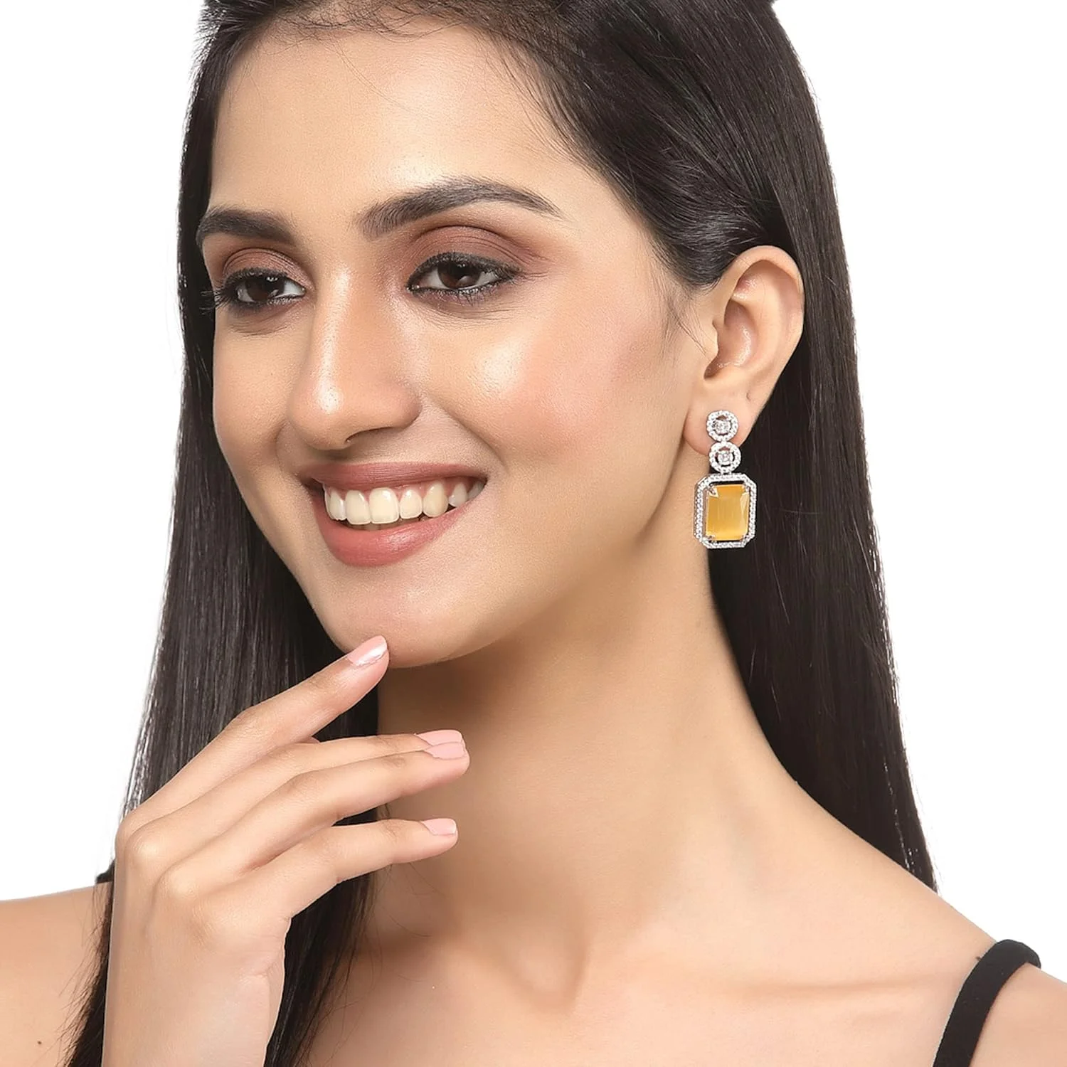 گوشواره های آویز طرح هندسی نگین دار با روکش نقره اکسید شده زنمه، مزین به الماس آمریکایی، مناسب دختران و زنان