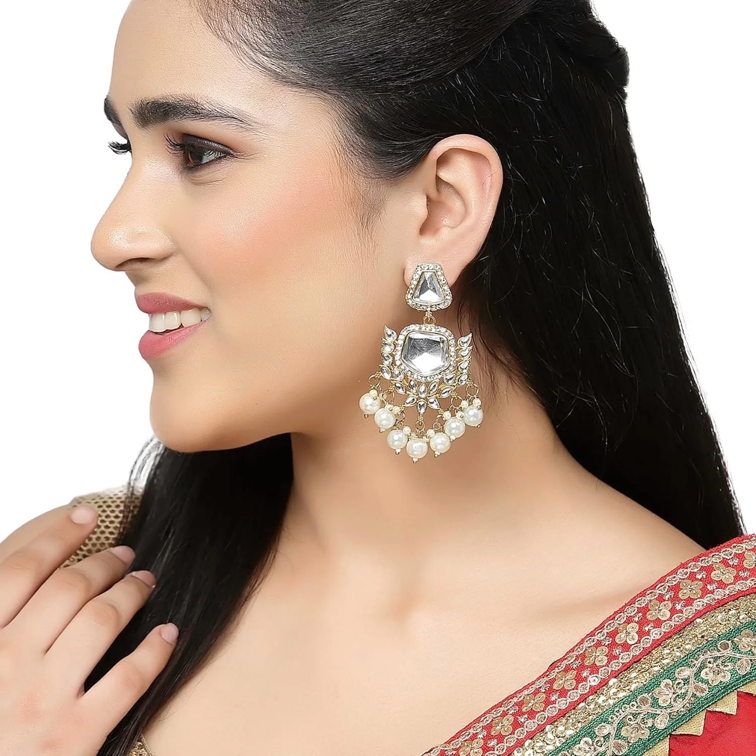 گوشواره های آویز آینه ای کلاسیک نگین دار با روکش طلایی، مزین به نگین های Kundan و مروارید، مناسب دختران و زنان