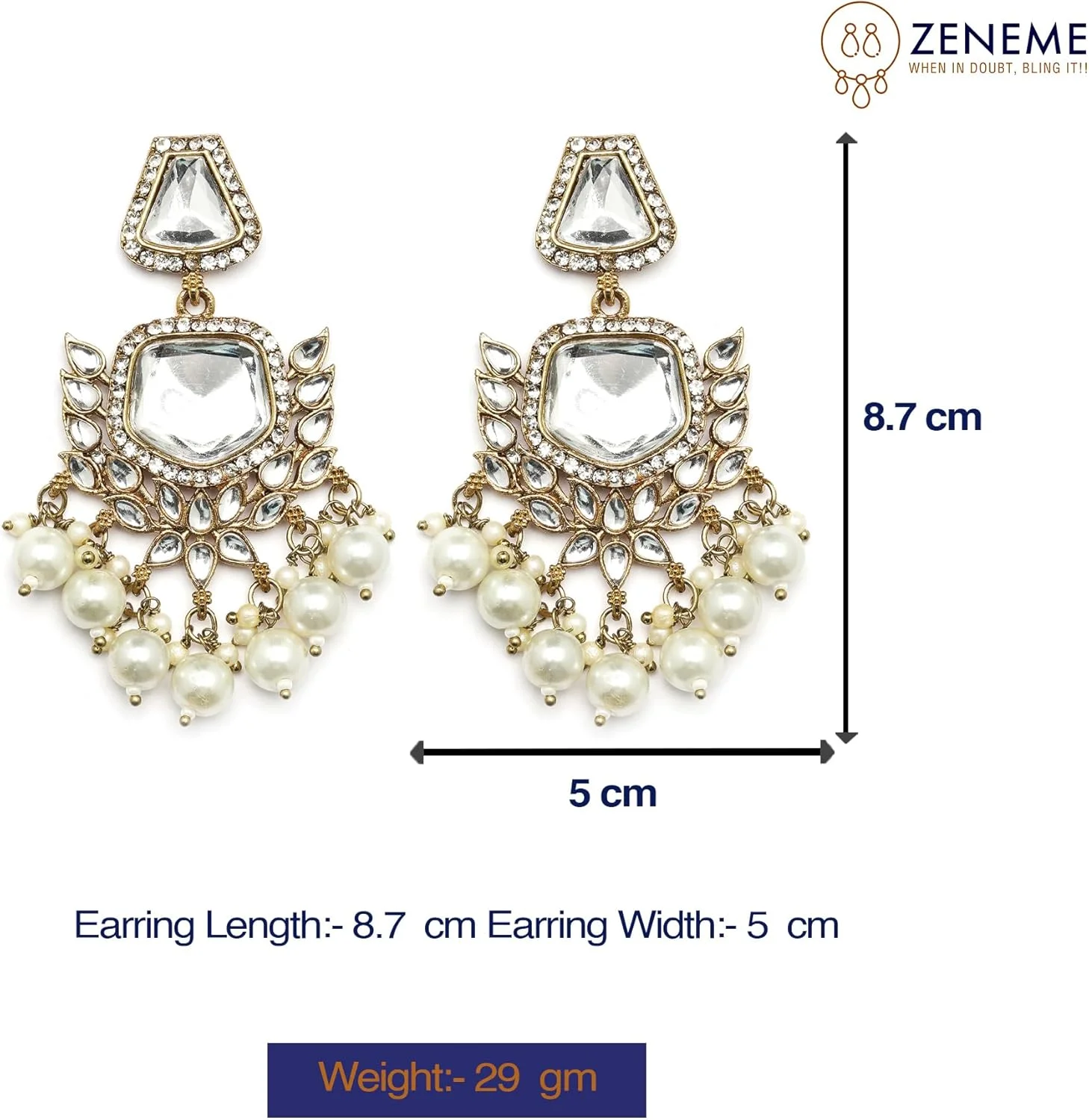 گوشواره های آویز آینه ای کلاسیک نگین دار با روکش طلایی، مزین به نگین های Kundan و مروارید، مناسب دختران و زنان