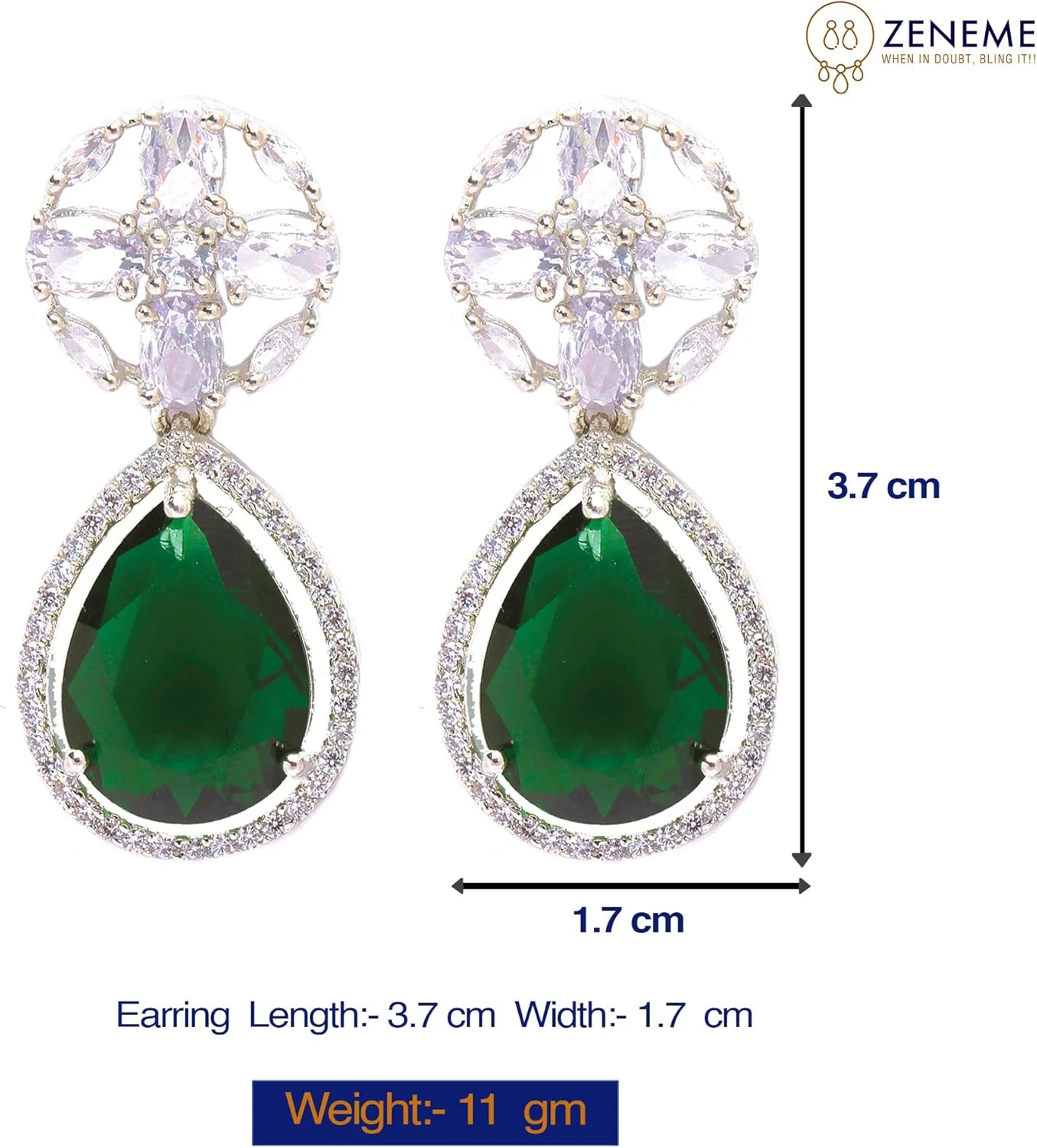 گوشواره های آویز اشکی و طرح گل نگین دار روکش رودیوم زنانه و دخترانه (سبز و سفید)