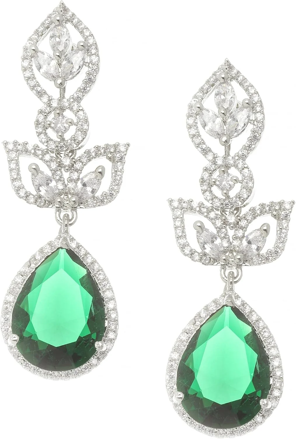 گوشواره های آویز دست ساز زنانه و دخترانه ZENEME با روکش رودیوم، نگین های اتمی و طرح برگ و قطره (سبز)