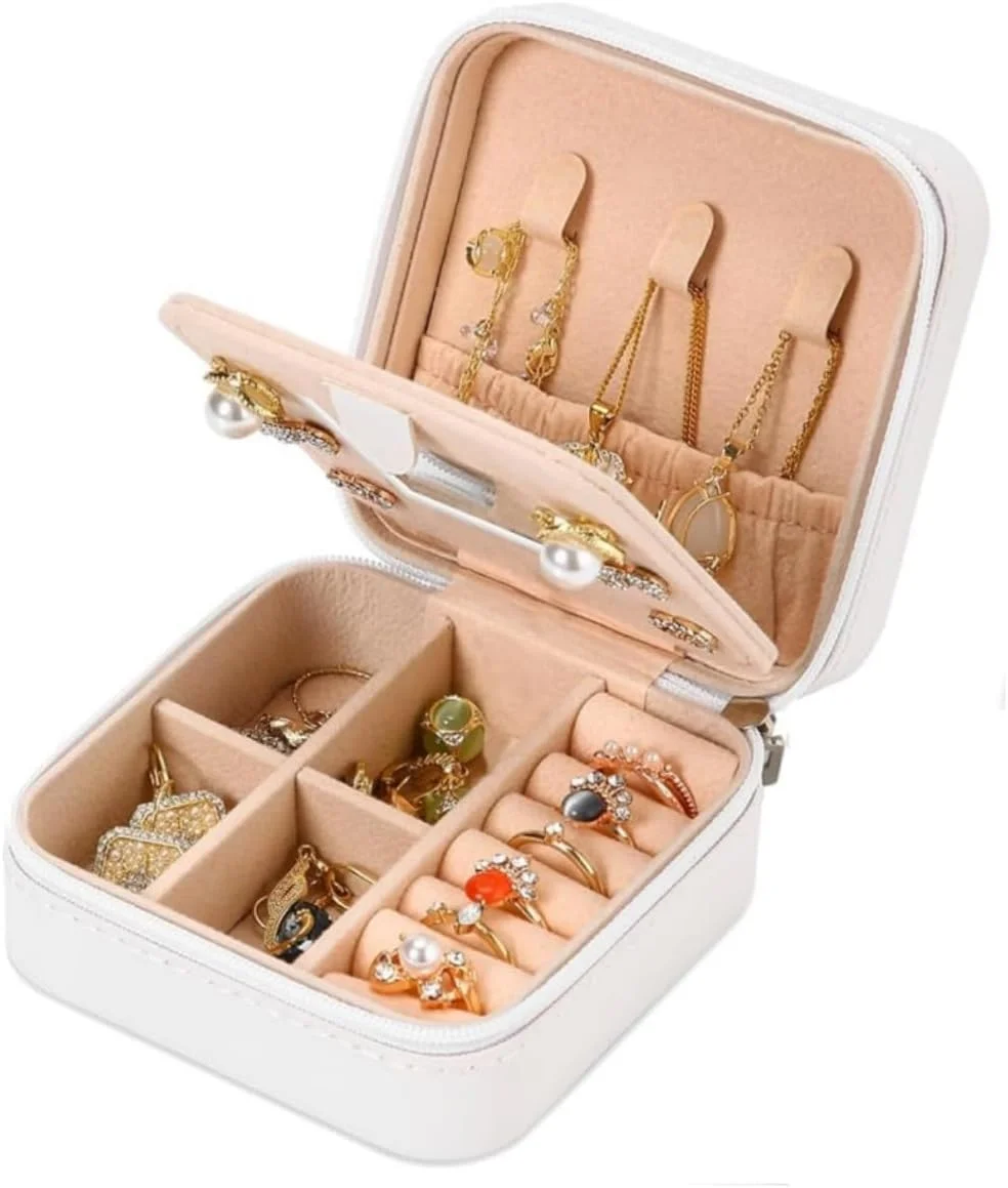 Travel Jewelry Box with Mirro, Jewelry Case Organizer for Girls Women Teen, Mini Portable Travel Essentials Gifts for Stud Earrings, Rings, Necklaces, Bracelets (White)