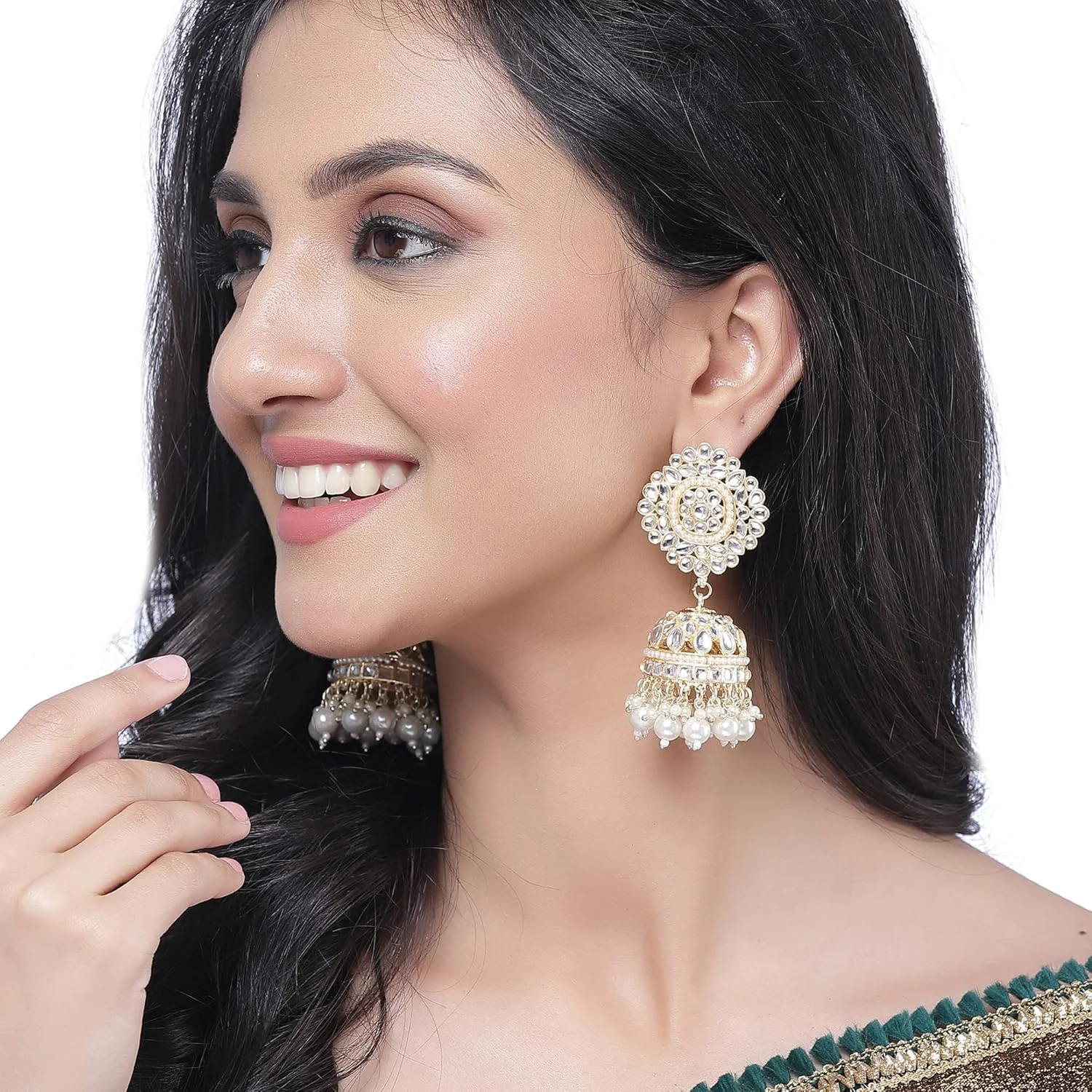 گوشواره های جومکا ویلاندی با روکش طلا، نگین کاری شده با کندن و مروارید