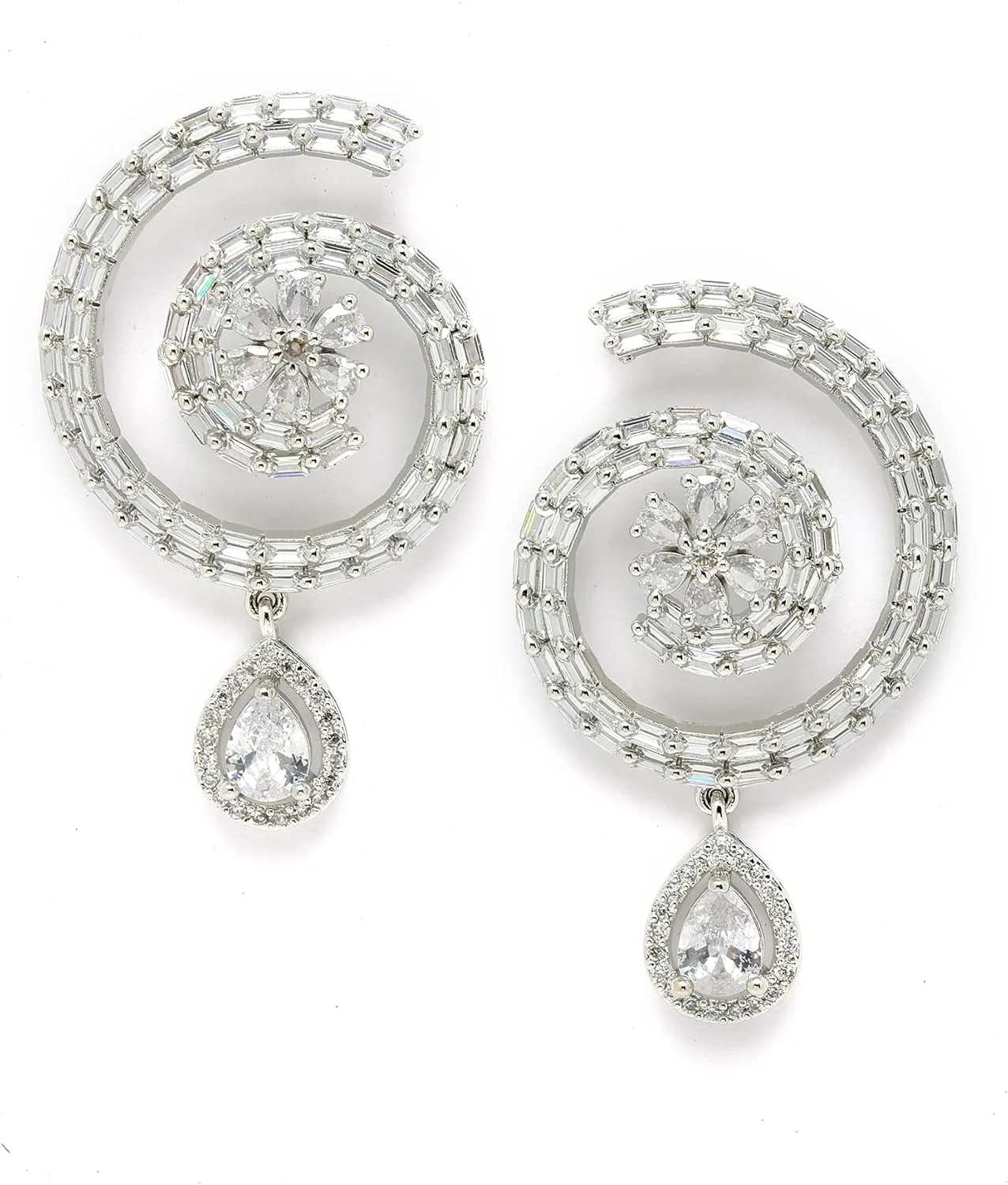 گوشواره های حلقه ای نگین دار ZENEME با روکش رودیوم و نگین الماس آمریکایی (سفید)