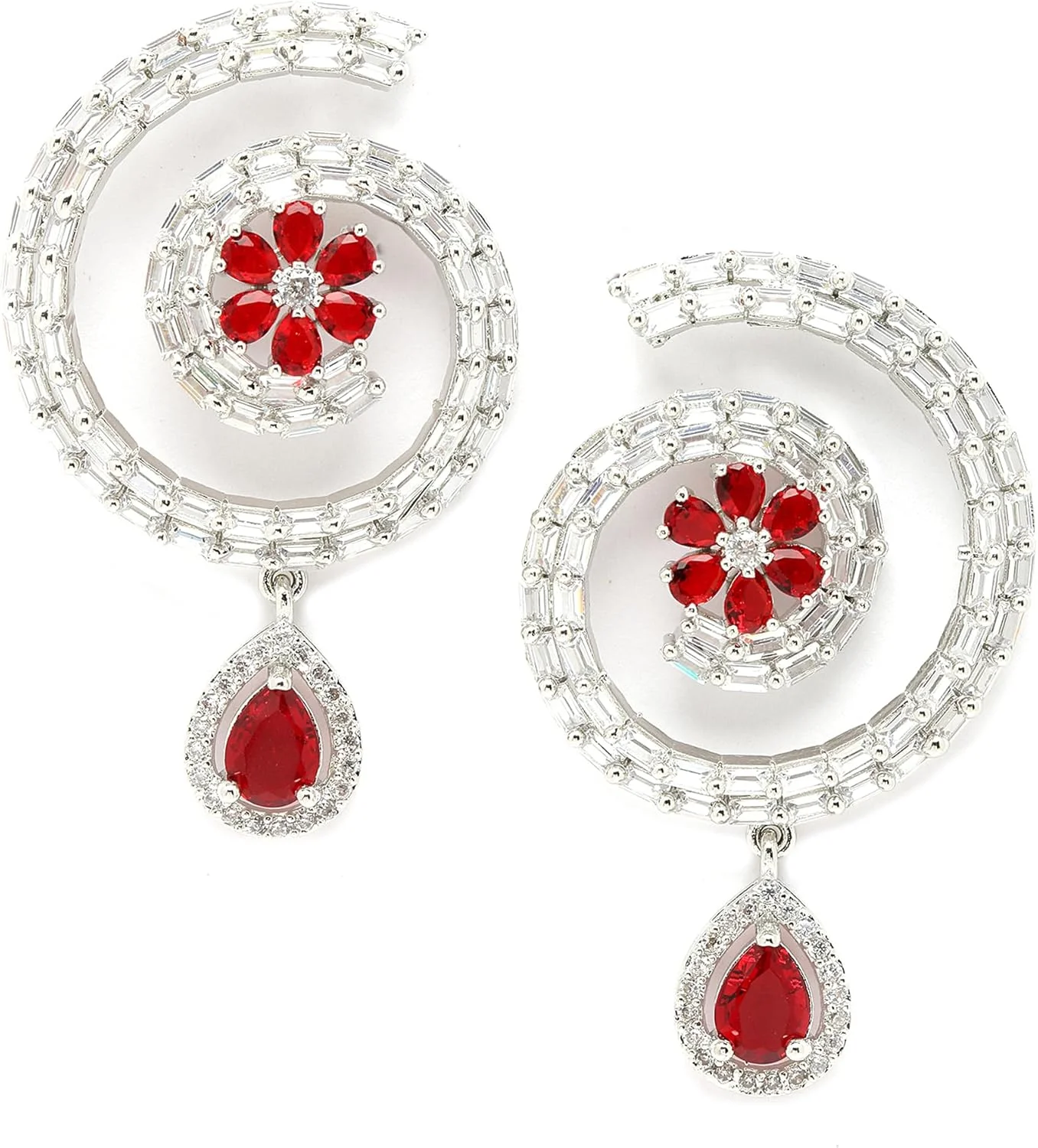 گوشواره های حلقه ای نگین دار ZENEME با روکش رودیوم و نگین الماس آمریکایی (قرمز)