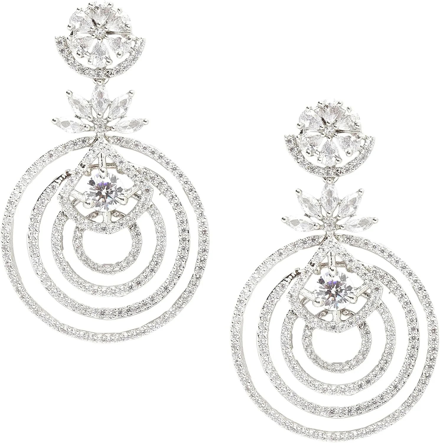 گوشواره های آویز لایه ای گلدار و دایره ای نگین دار با روکش رودیوم زنانه و دخترانه ZENEME