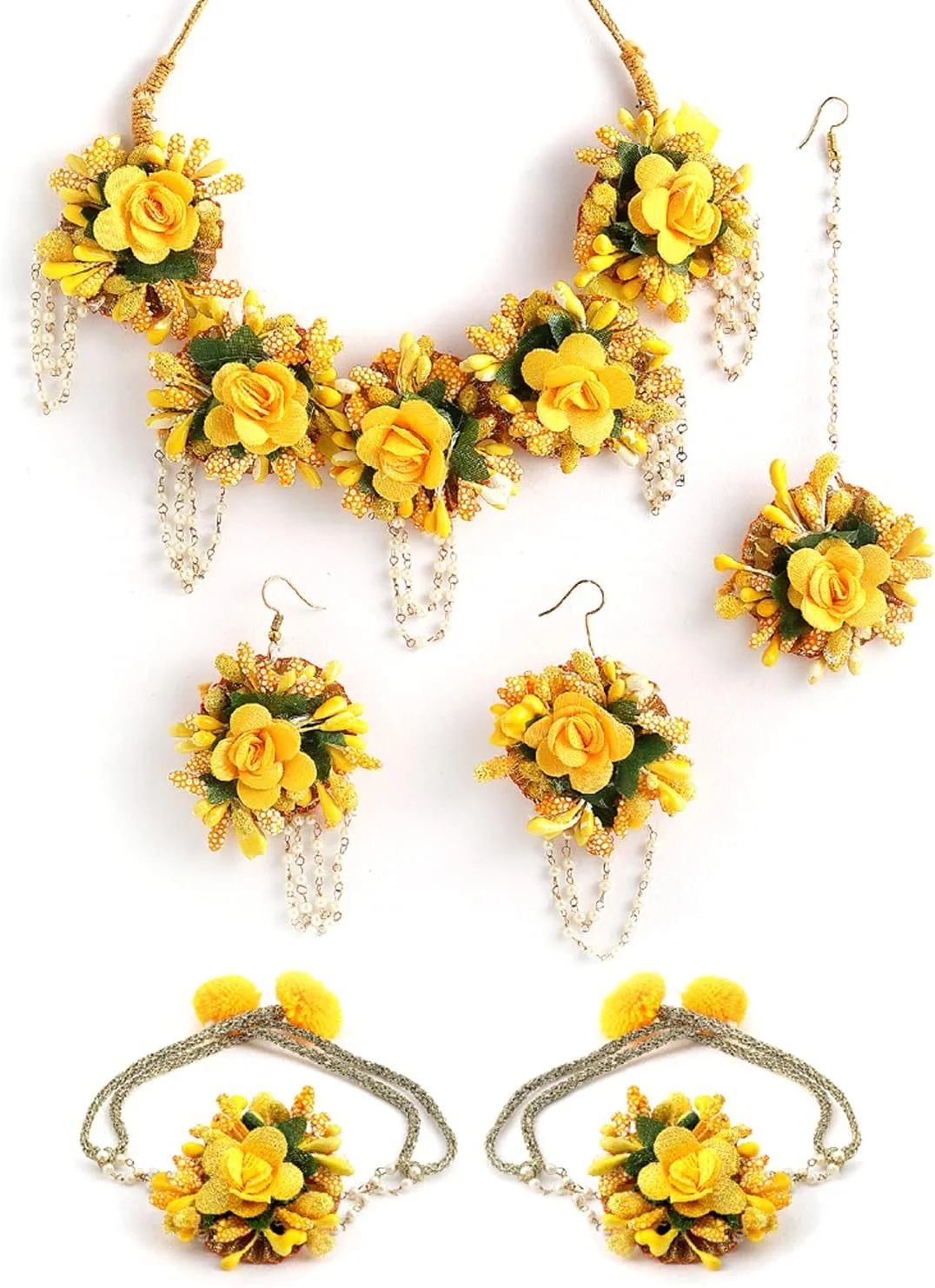 ست جواهرات گل زنانه زنمه برای مراسم حنابندان، شامل گردنبند گوتا پتی، گوشواره، دستبند و مانگ تیکا مناسب بانوان و دختران (مراسم مهندی/حنابندان/عروسی/جشن عروس/جشن سیسمونی)