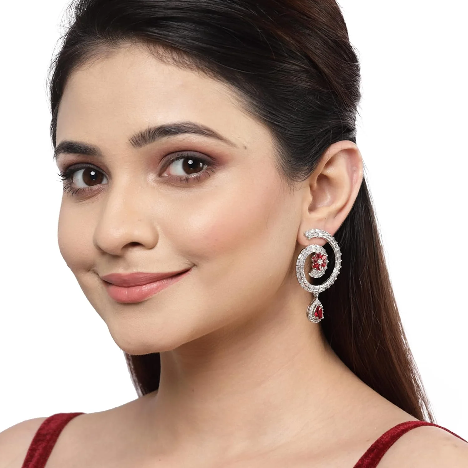 گوشواره های حلقه ای نگین دار ZENEME با روکش رودیوم و نگین الماس آمریکایی (قرمز)