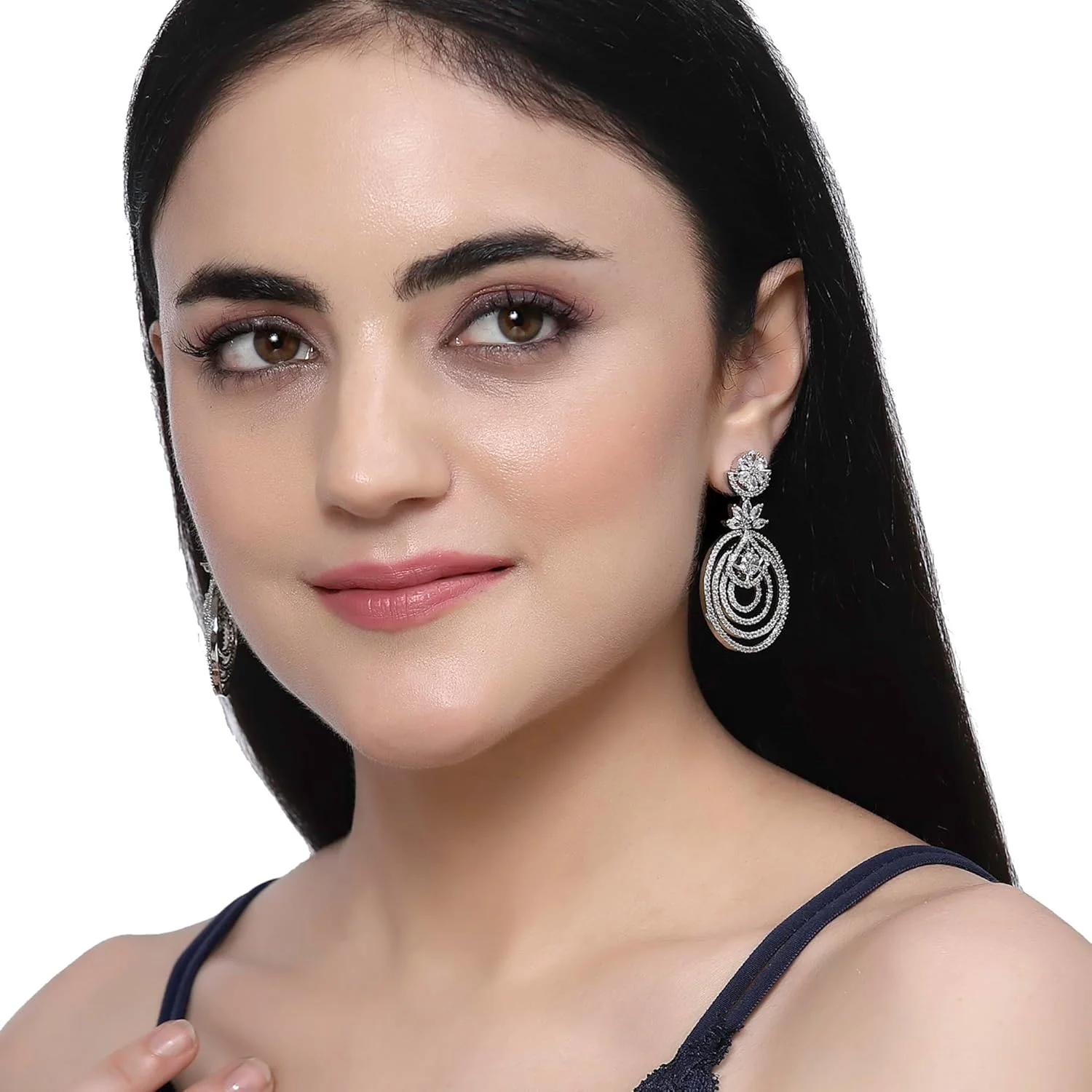 گوشواره های آویز لایه ای گلدار و دایره ای نگین دار با روکش رودیوم زنانه و دخترانه ZENEME