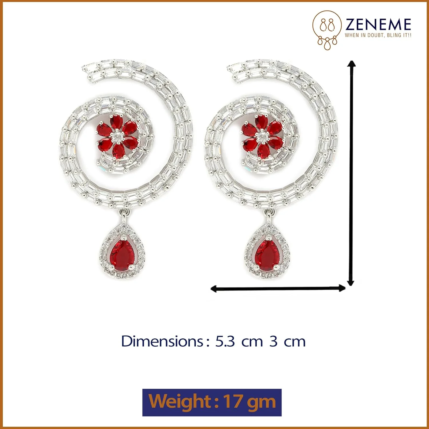 گوشواره های حلقه ای نگین دار ZENEME با روکش رودیوم و نگین الماس آمریکایی (قرمز)