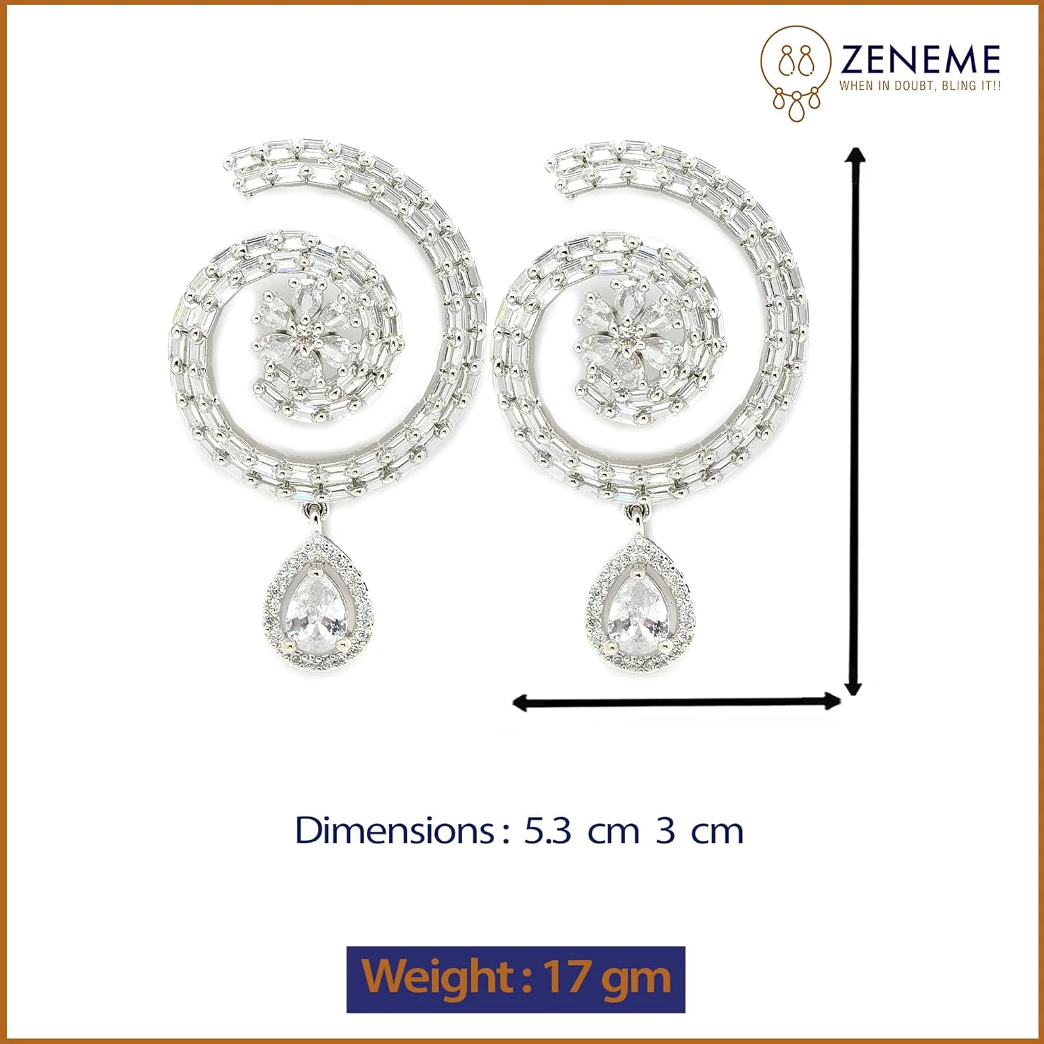 گوشواره های حلقه ای نگین دار ZENEME با روکش رودیوم و نگین الماس آمریکایی (سفید)