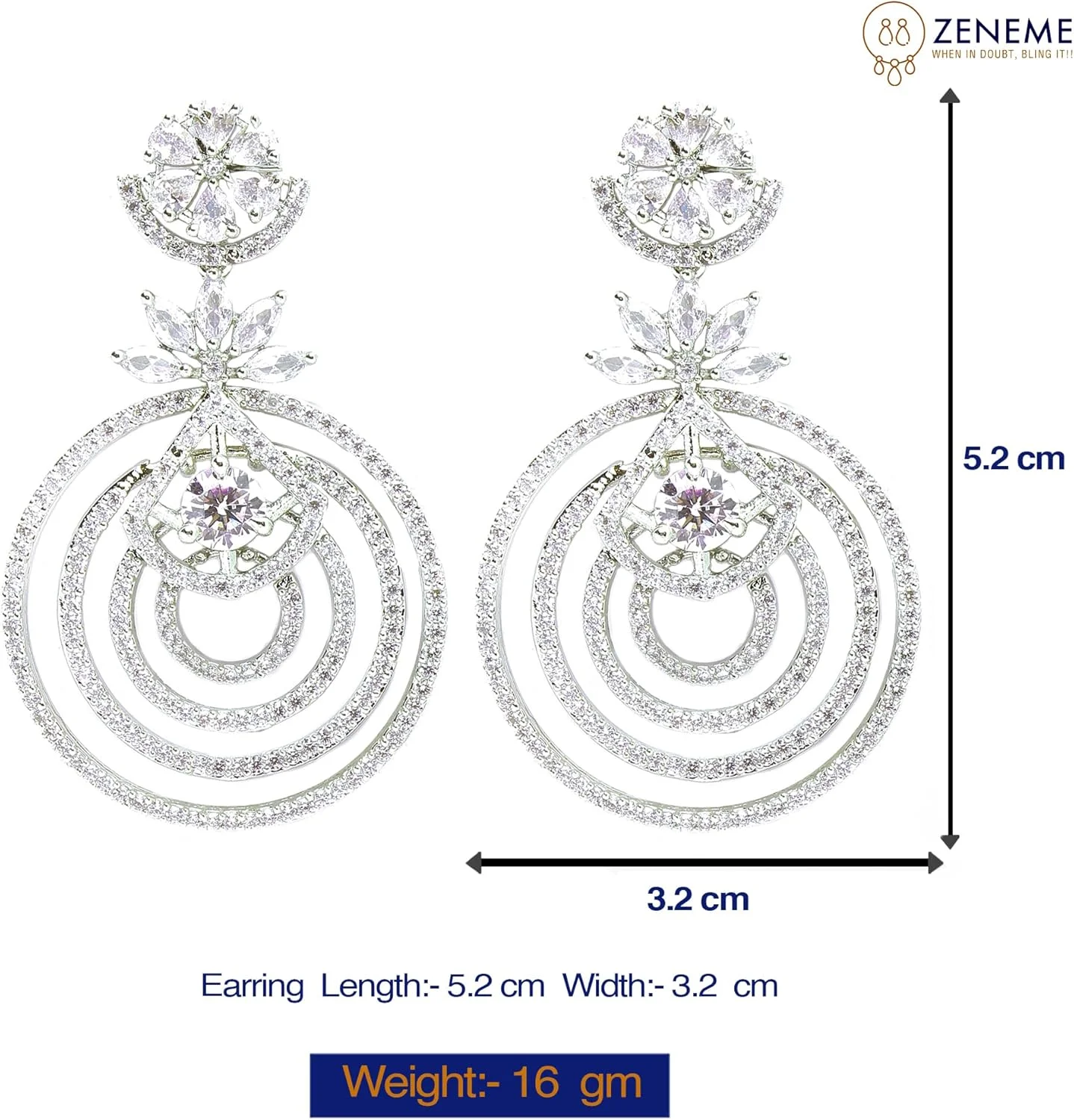 گوشواره های آویز لایه ای گلدار و دایره ای نگین دار با روکش رودیوم زنانه و دخترانه ZENEME