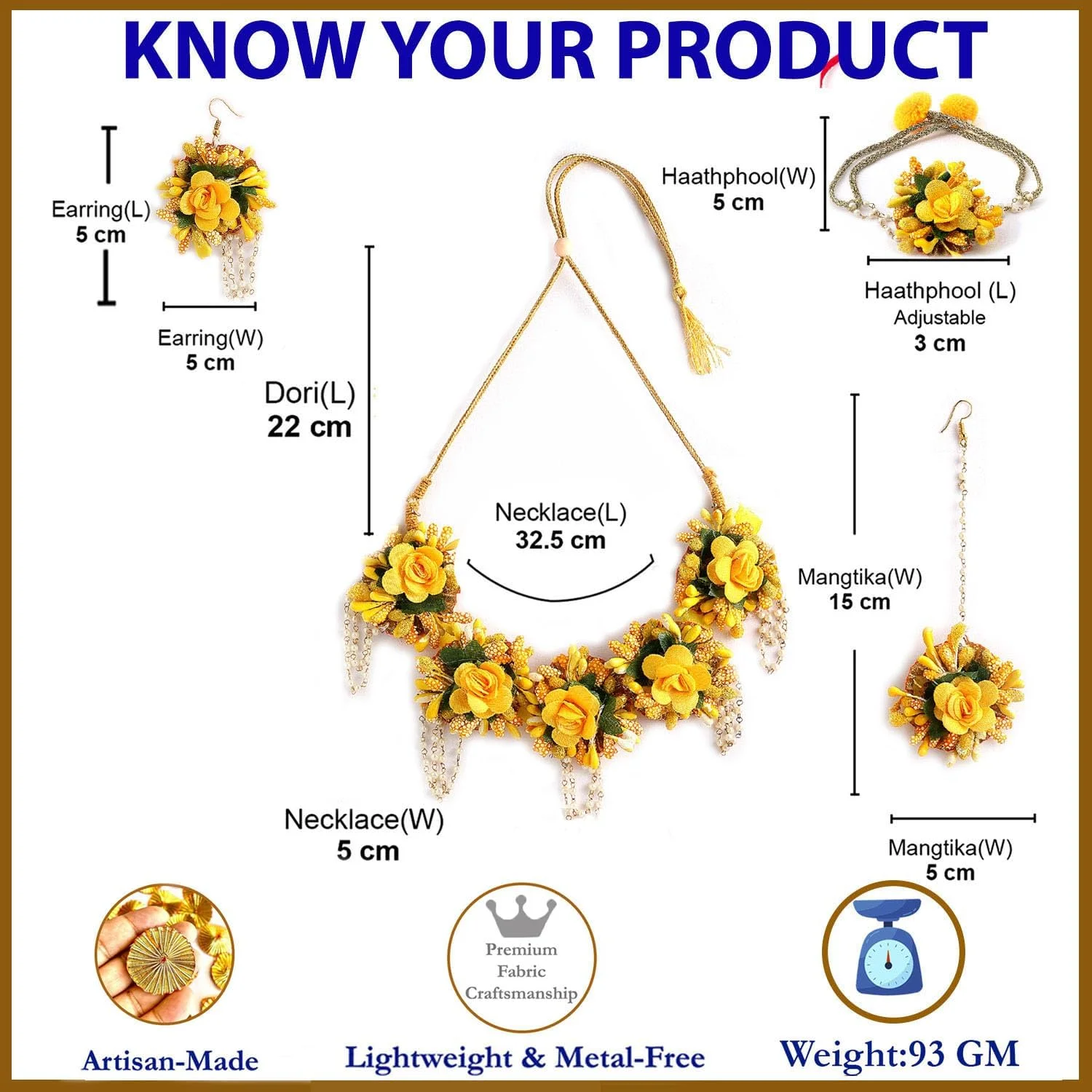 ست جواهرات گل زنانه زنمه برای مراسم حنابندان، شامل گردنبند گوتا پتی، گوشواره، دستبند و مانگ تیکا مناسب بانوان و دختران (مراسم مهندی/حنابندان/عروسی/جشن عروس/جشن سیسمونی)