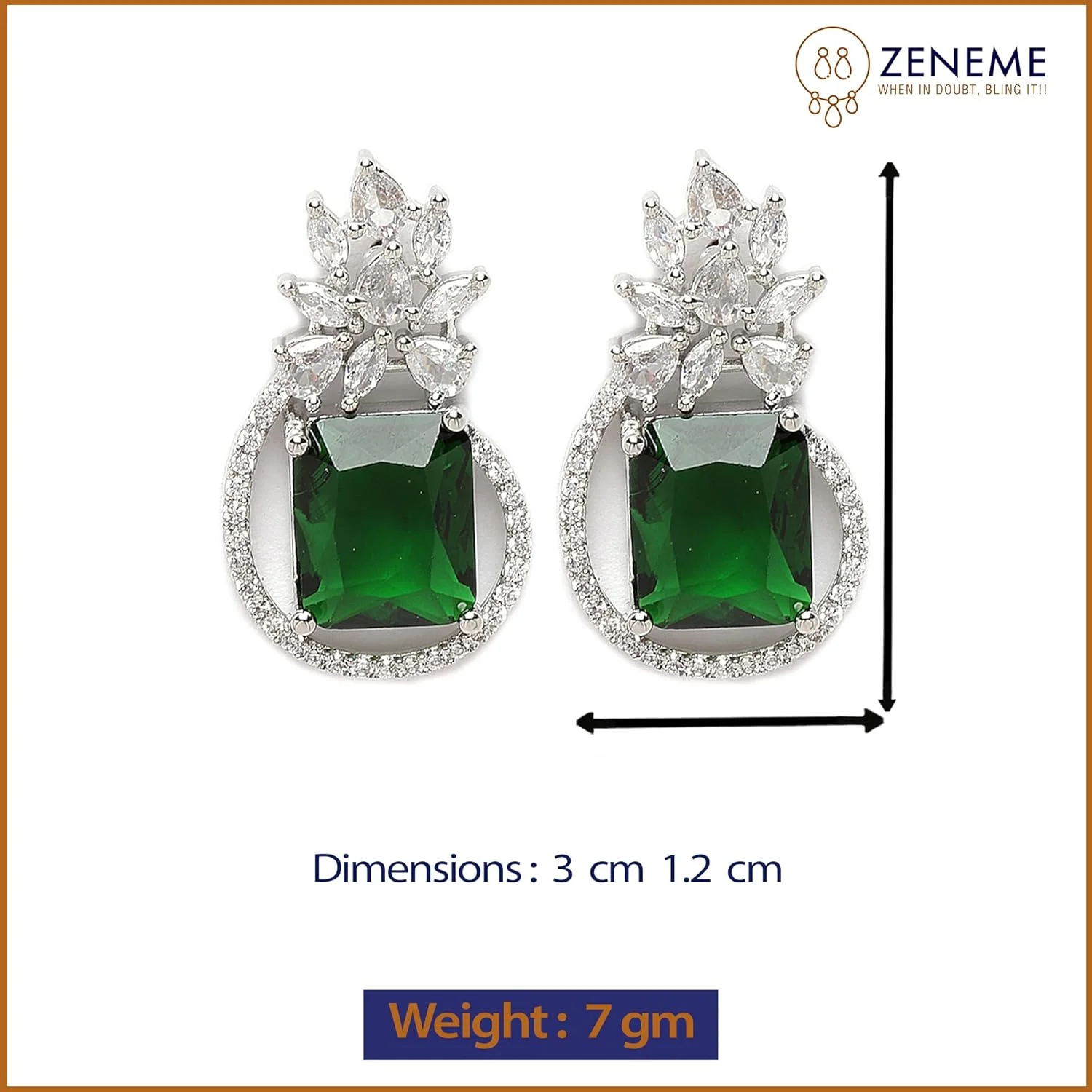 گوشواره های میخی طرح بته جقه نگین دار با الماس آمریکایی روکش رودیوم زنانه و دخترانه برند زنیم