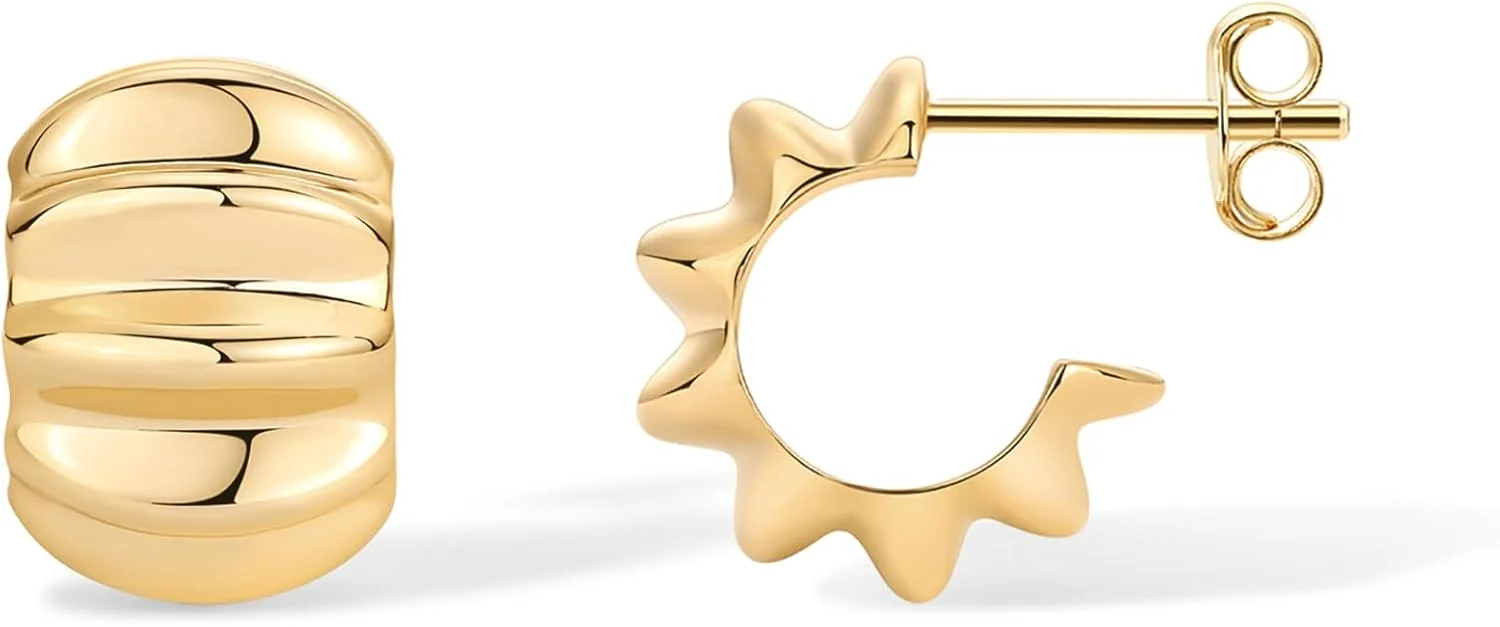 گوشواره های حلقه ای پیچ خورده کروسان پاوی با روکش طلای 14 عیار زنانه - حلقه های بزرگ و ضخیم