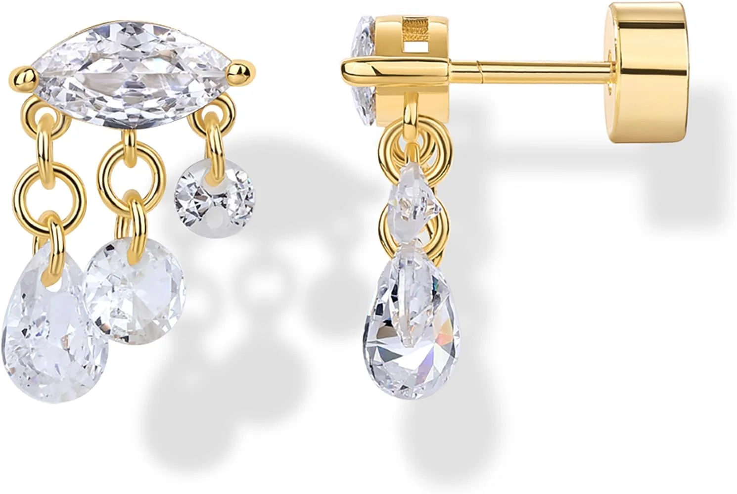 گوشواره های آویز کوچک با روکش طلای 14 عیار و پایه نقره استرلینگ PAVOI برای زنان | جواهرات ظریف پیرسینگ غضروف هلیکس | گل میخ های لوتوس مثلثی خوشه ای مروارید زیرکونیا