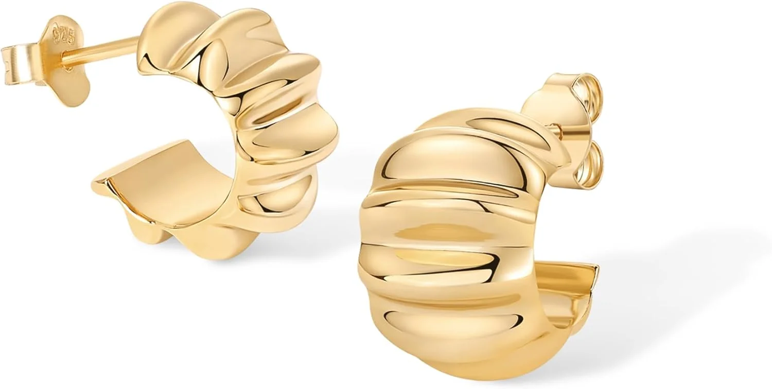 گوشواره های حلقه ای پیچ خورده کروسان پاوی با روکش طلای 14 عیار زنانه - حلقه های بزرگ و ضخیم گوشواره های حلقه ای پیچ خورده کروسان پاوی با روکش طلای 14 عیار زنانه - حلقه های بزرگ و ضخیم