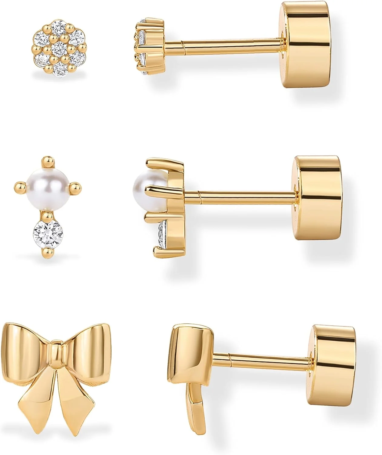 گوشواره های میخی مروارید و زیرکونیا با روکش طلای 14 عیار PAVOI برای زنان - ست جواهرات فشن با پشت پیچی