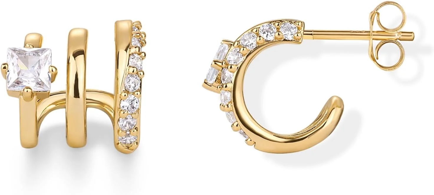 گوشواره های حلقه ای چندگانه پاوی نگین دار با روکش طلای 14 عیار و پایه نقره استرلینگ | گوشواره های میخی حلقه ای سه تایی