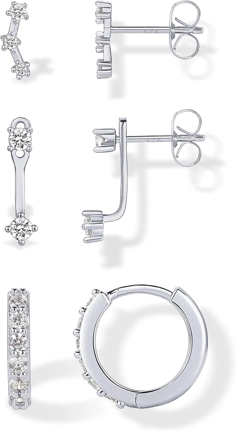 گوشواره های زنانه پاوی با روکش طلای 18 عیار و پایه نقره استرلینگ - سه جفت گوشواره بیانیه ای - بسته گوشواره طلایی زیرکونیا مکعبی - مجموعه جواهرات پیرسینگ هاگی خزنده ژاکت گوش جلو و عقب