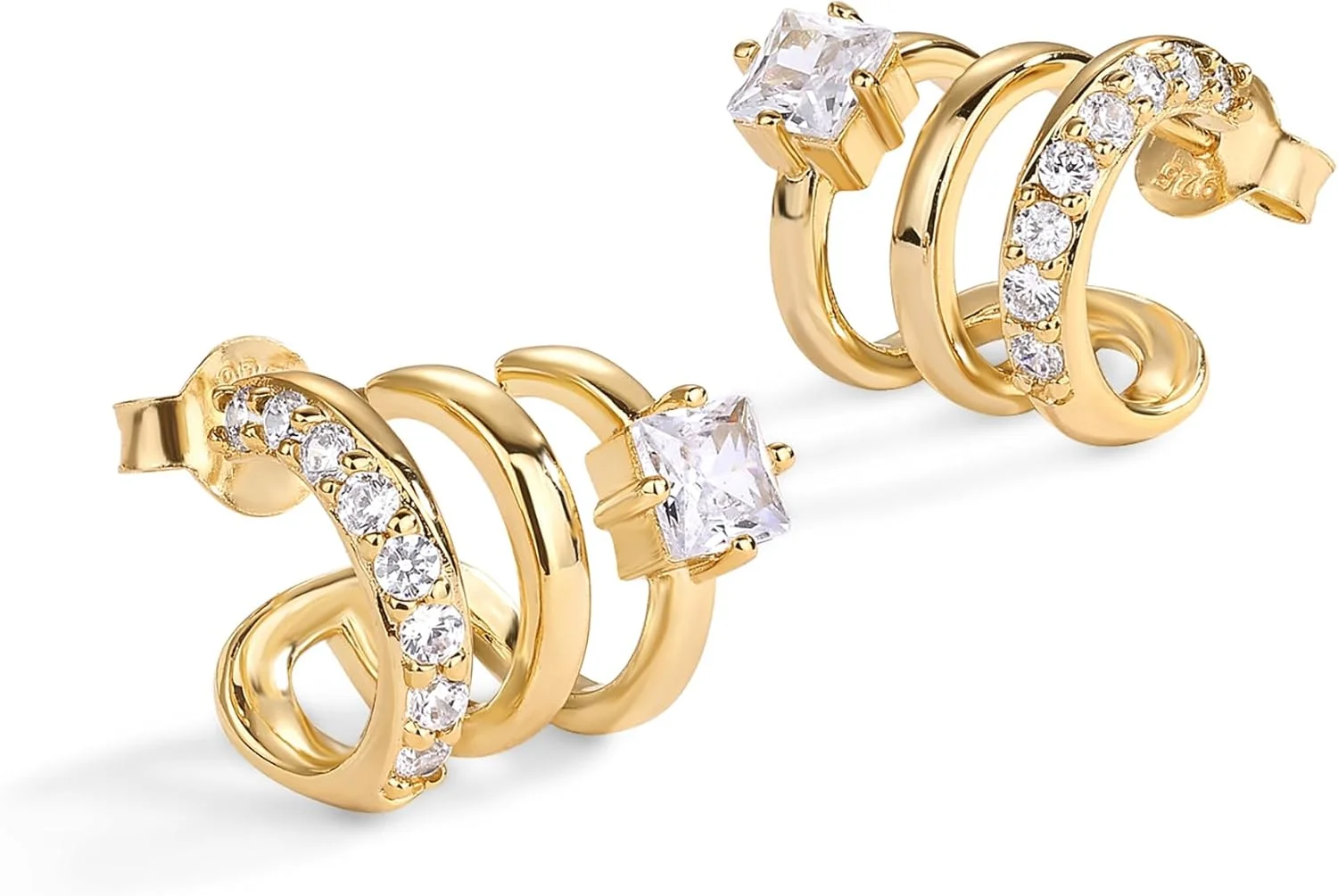 گوشواره های حلقه ای چندگانه پاوی نگین دار با روکش طلای 14 عیار و پایه نقره استرلینگ | گوشواره های میخی حلقه ای سه تایی گوشواره های حلقه ای چندگانه پاوی نگین دار با روکش طلای 14 عیار و پایه نقره استرلینگ | گوشواره های میخی حلقه ای سه تایی