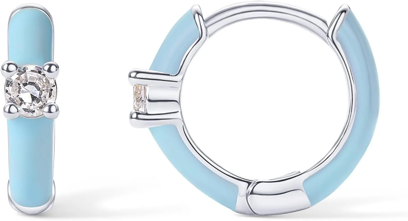 گوشواره های حلقه ای میناکاری شده پاوی با روکش طلای 14 عیار و نگین های زیرکونیا | گوشواره های حلقه ای زنانه با مینای رنگی و زیرکونیا گرد | جواهرات میناکاری آبی، صورتی، بنفش و سفید